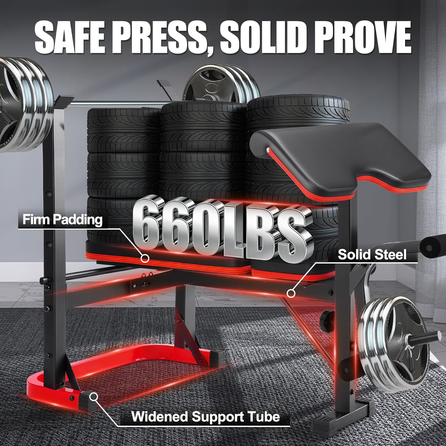 OPPSDECOR Weight Bench Set with Squat Rack, Leg Extension & Preacher Curl Pad, 660LBS Full Body Home Gym Bench Press for Beginners, Women & Teens