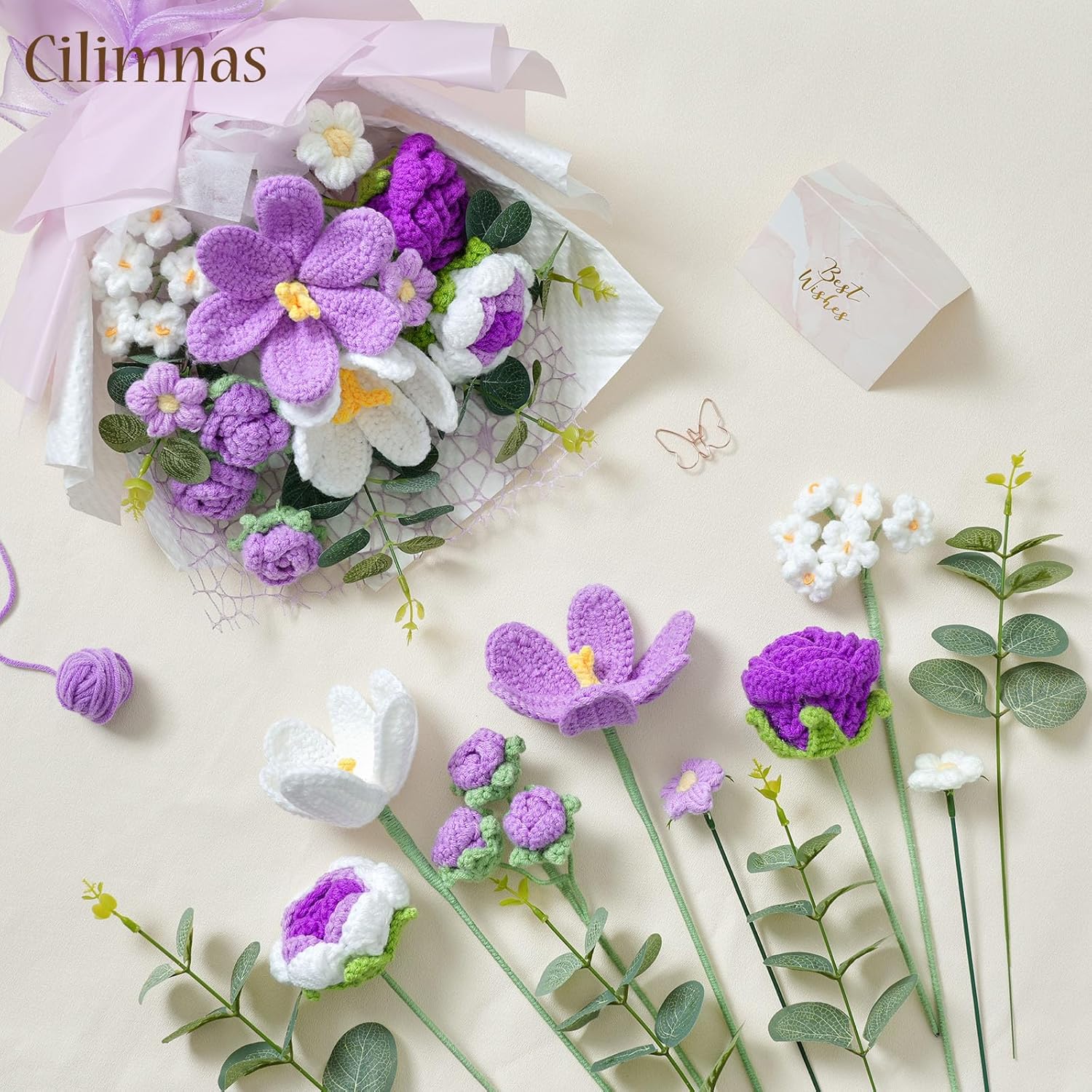 Crochet Flower Bouquet,Purple Knitted Flowers, Handmade Tulips Roses Bouquet for Birthday Party Mother's Day Graduation Gifts(With Card) - Image 4