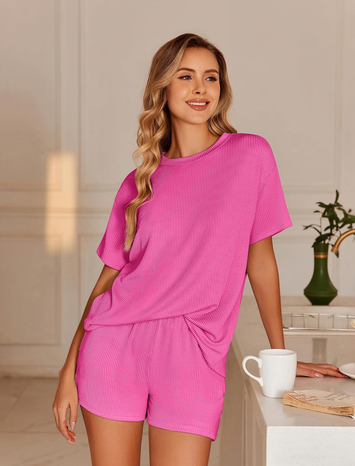 Ekouaer Womens Pajama Sets Short Sleeve Lounge Sets 2 Piece Pjs Tops and Shorts Outfits Matching Loungewear with Pockets - Image 3