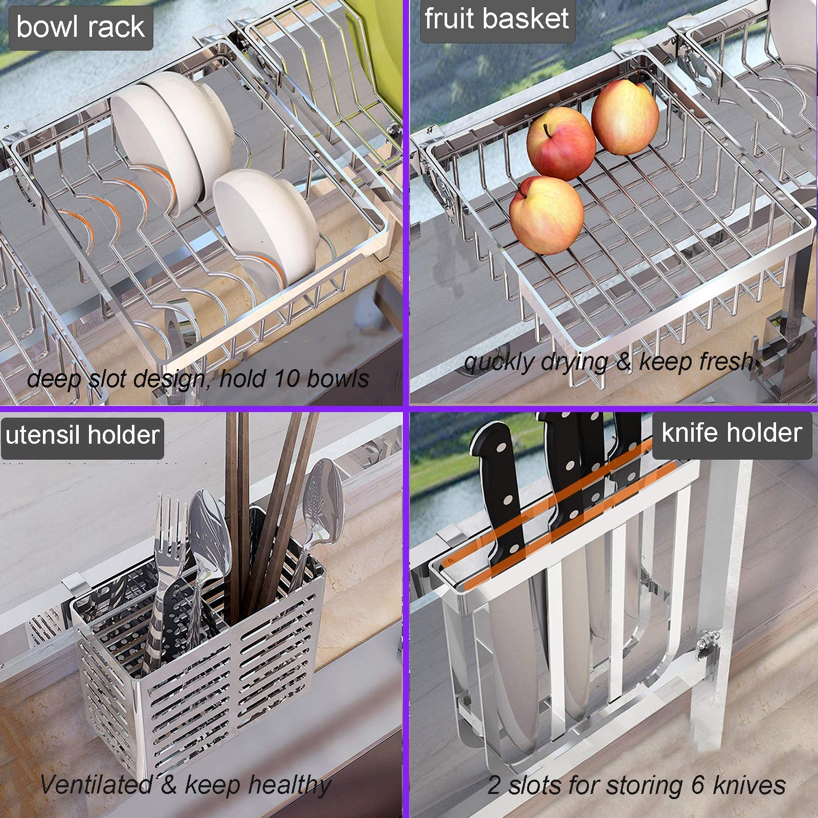 Escurridor De Platos De Acero Inoxidable 304 para Montar En La Pared, De Metal, para Cocina, Estantes De Almacenamiento para Encimera con Soporte para Cuencos,