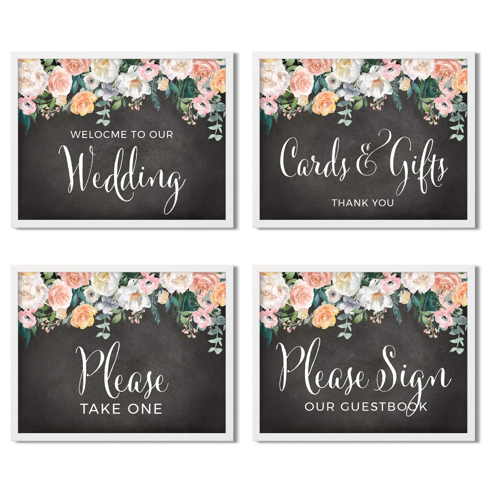 Andaz Press Unframed Wedding Party Signs, 8.5x11-inch, Peach Chalkboard Floral Garden Party, Welcome to Our Wedding, Cards and Gifts, Please Take One Favors, Please Sign Guestbook, 4-Pack