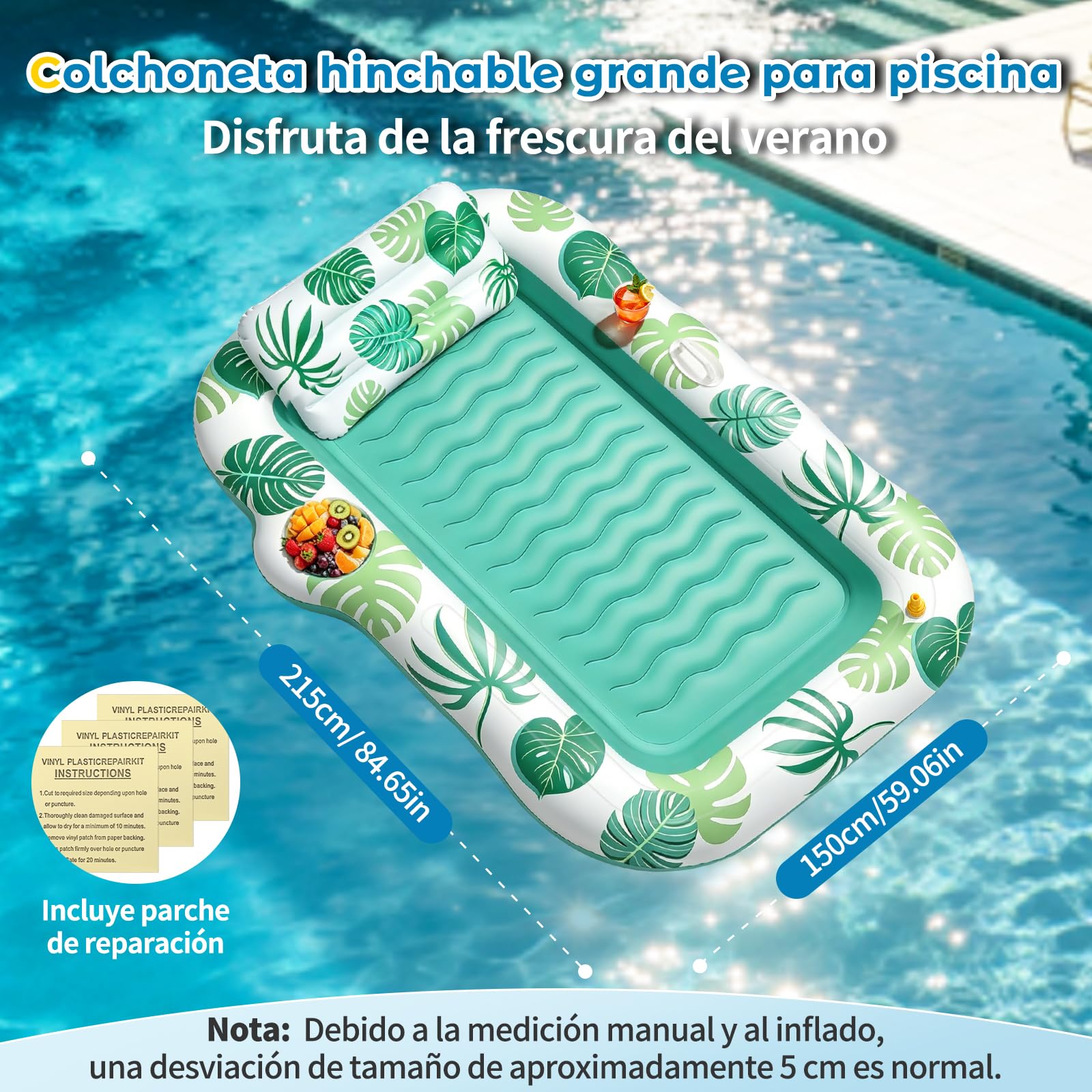 JONRRYIN Colchoneta Piscina Adultos, Tanning Pool con Función de Rociado y Portavasos, Colchoneta Hinchable 215×150 cm, Hamaca Hinchable Flotador para Playa y Agua