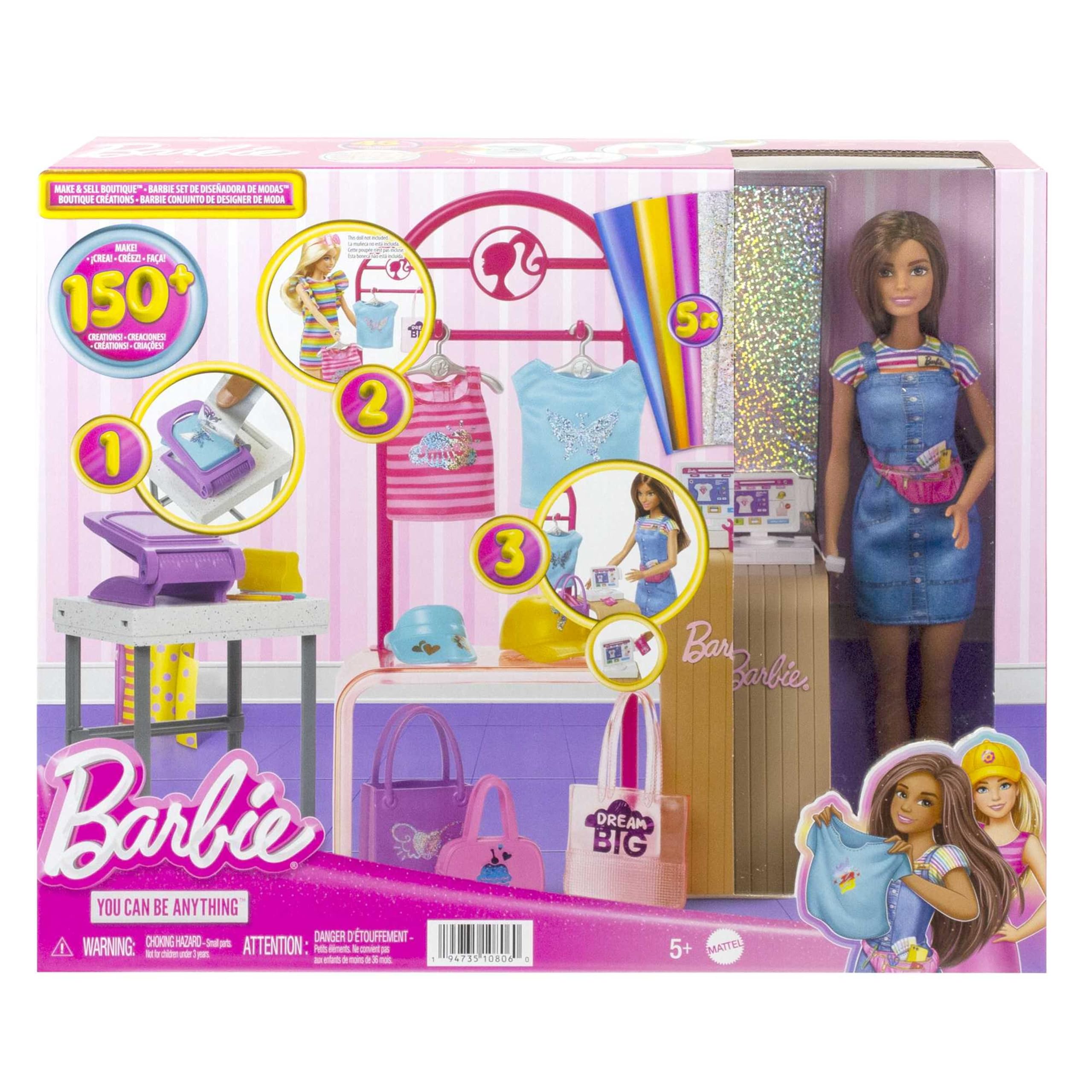 Barbie Mode-Boutique Spielset - Foliendesigns Puppe, über 150 originelle Looks, inklusive 2 Oberteile und 5 Folienblätter, Kleiderständer und Kreditkartenlesegerät, ab 3 Jahren, HKT78