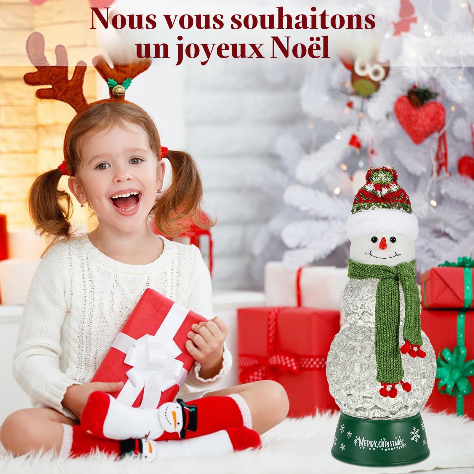 Lewondr Boule à Neige de Noël Bonhomme de Neige avec Écharpe Vert, Paillettes Tourbillonnantes et 8 Chansons - Écharpe Rayée, Lanterne, Décoration pour Les Fêtes de Fin d'Année