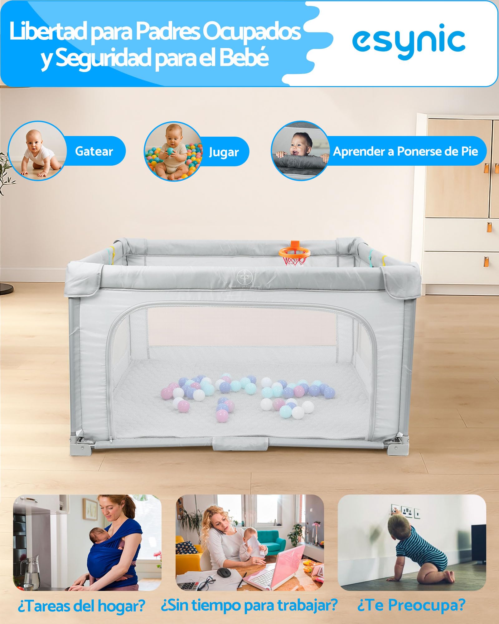eSynic Parque Infantil Bebé Plegable 150x150 cm Corralito Bebé Grande con Colchoneta Centro de Actividades Playpen con Malla Transpirable Pelotas Canasta Uso Interior Exterior Portátil Gris