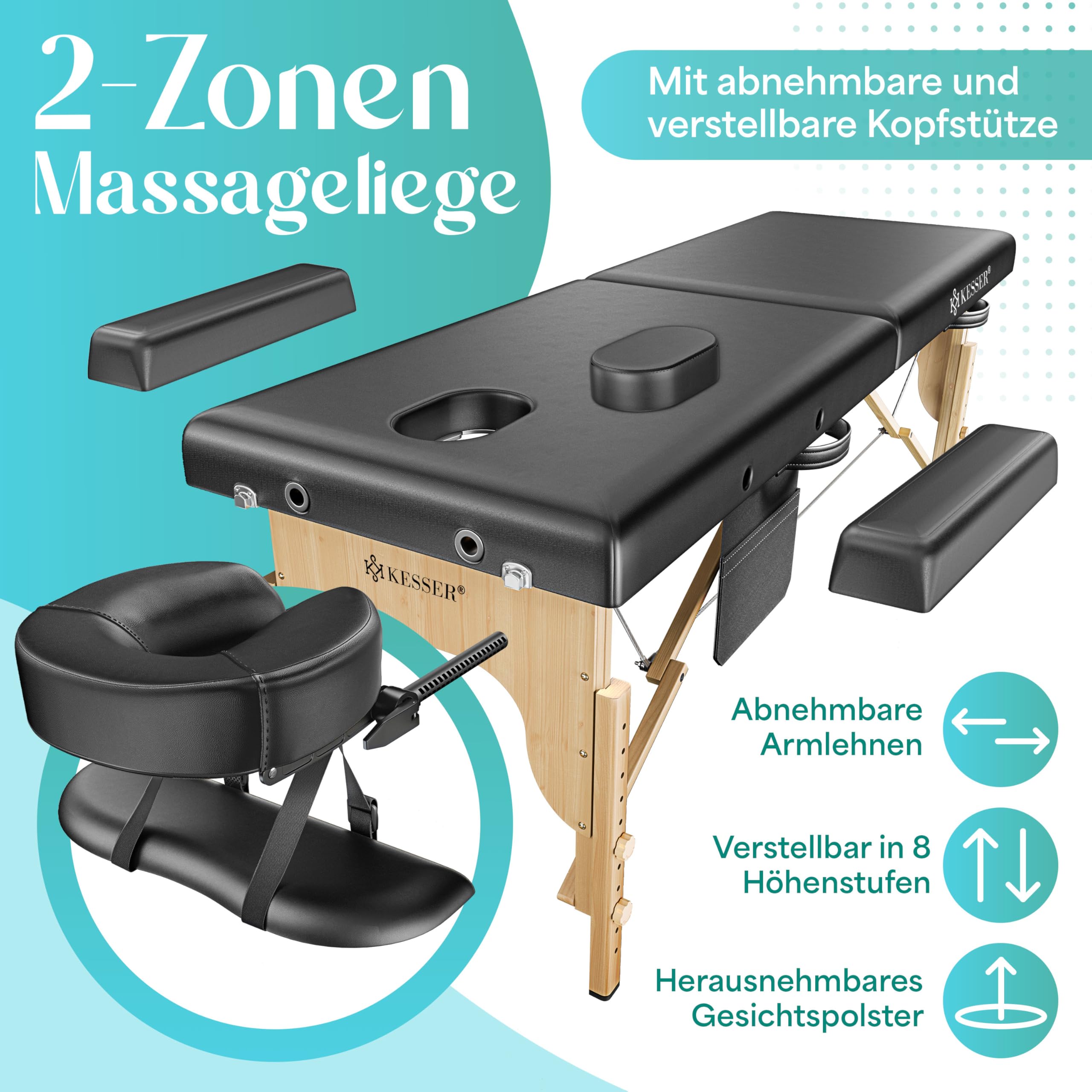 KESSER Camilla de masaje móvil con pies de madera, plegable y regulable en altura máx. 250 kg, cama de masaje de 2 zonas, mesa de masaje, camilla de cosmética, tumbona ancha, reposacabezas y