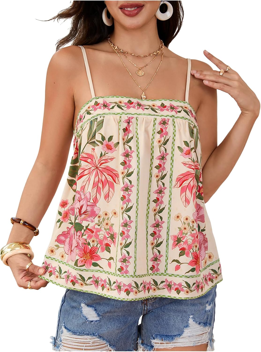 SOLY HUX Women's Tropical Floral Print Cami Top Spaghetti Strap Boho Vacation Summer Tops Camisole