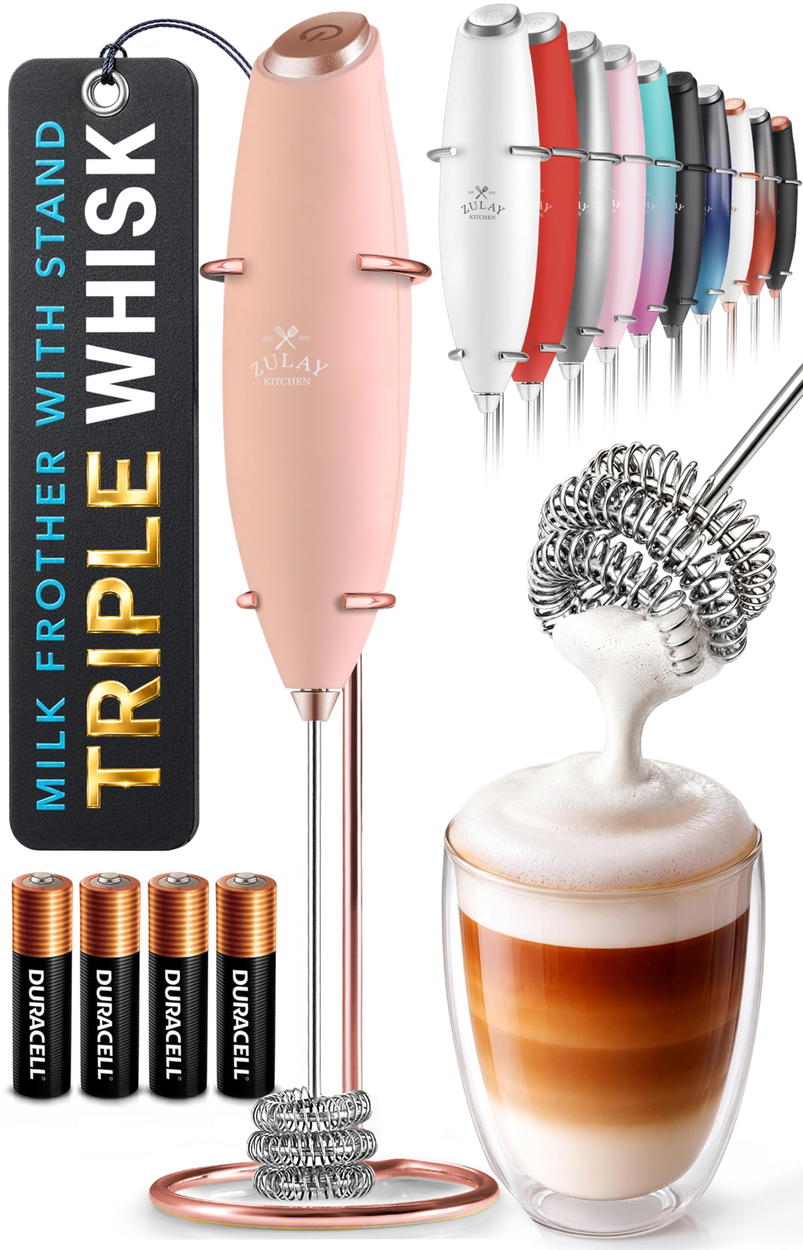 Zulay Kitchen Powerful Milk Frother Wand With Duracell Batteries - Ultra Fast Handheld Drink Mixer - Electric Whisk Foam Maker for Coffee, Lattes, Cappuccino &amp; Matcha - Triple Whisk - Peach Radiance