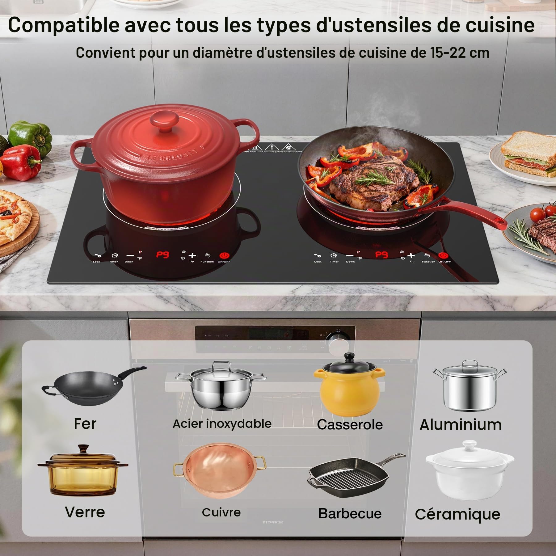 WABK Plaque Vitrocéramique 2 Feux 3600W, Plaque de Cuisson Électrique 60 cm | Encastrable ou à Poser, avec 9 Niveaux et Minuterie, Compatible Tous Récipients, pour Cuisine, Studio et Appartement