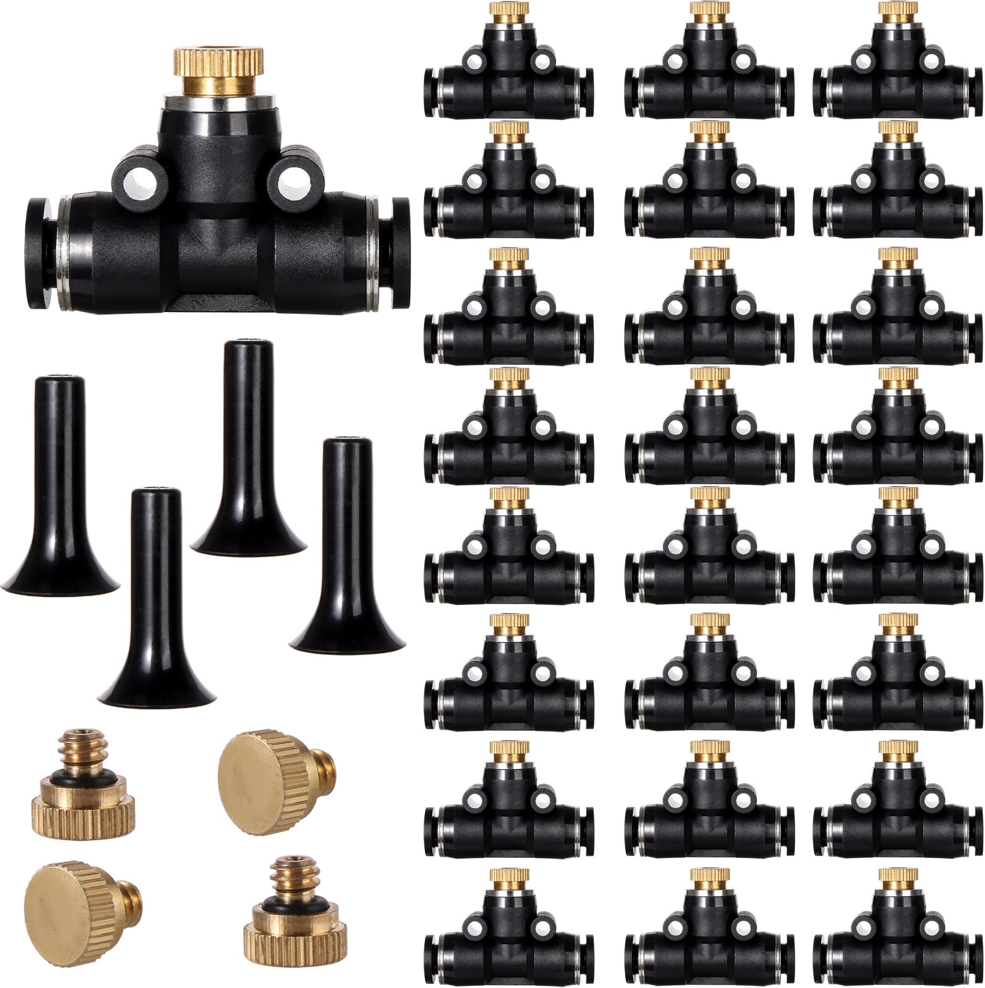 24 Pack Brass Misting Nozzles Outdoor Cooling System with 24 Heavy Duty Mister Nozzle,24 Tees,4 Brass Plugs,4 Black Plugs for Outdoor Cooling System