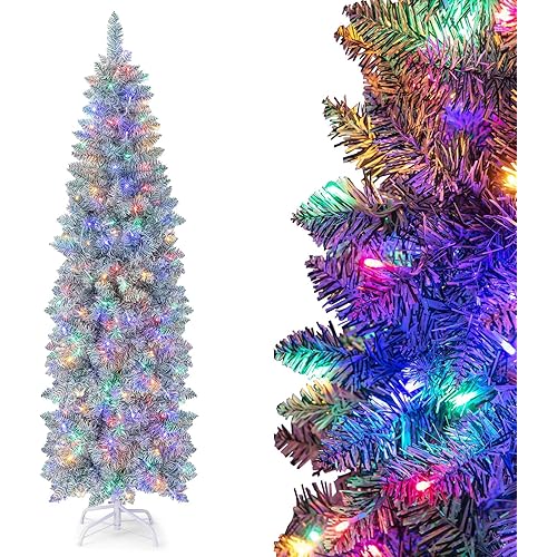 Goplus 6ft Pre-Lit Artificial Pencil Christmas Tree, Hinged Slim Xmas Tree with 250 Multi-Color LED Lights, 475 Branch Tips, Shining Leaves, Foldable Metal Base, for Holiday Office Home Decor