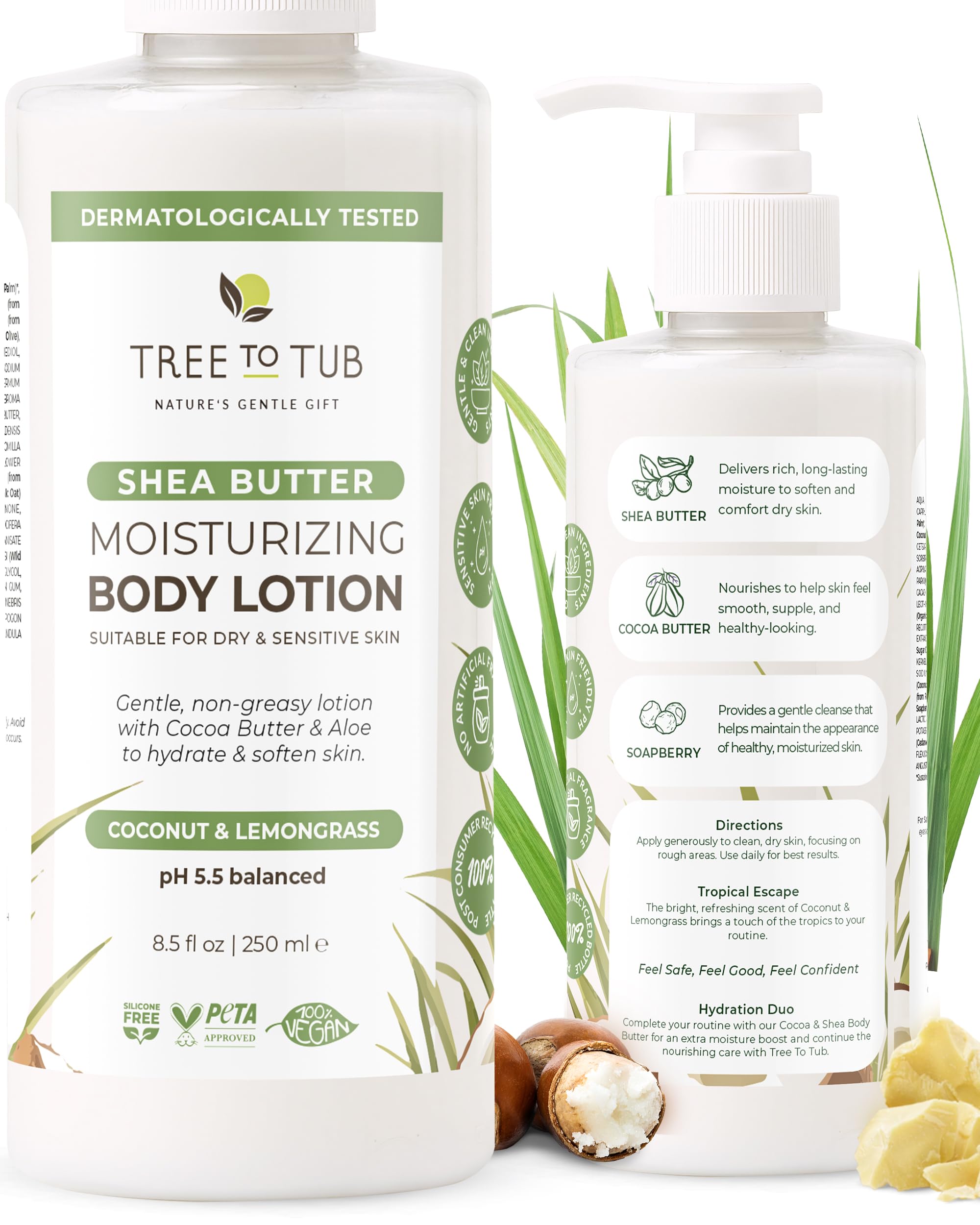Tree to Tub Cocoa Butter Lotion for Sensitive Skin - Moisturizing Shea Butter Lotion for Extremely Dry Skin for Women & Men - Lemongrass & Coconut Body Cream w/Organic Aloe Vera, Colloidal Oatmeal