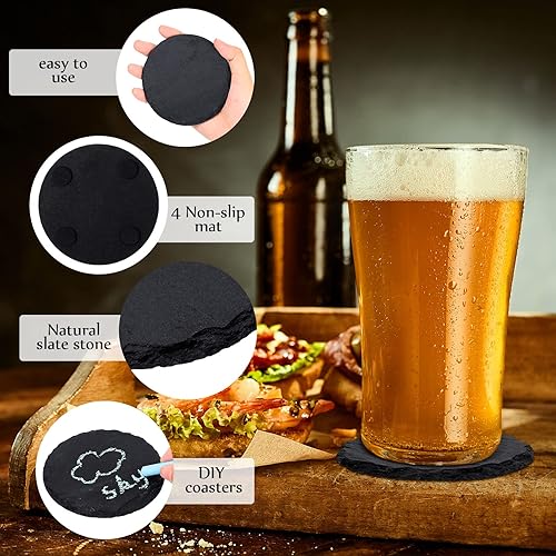 Miniatura 3 de 70 posavasos redondos de pizarra a granel, 4 x 4 pulgadas, posavasos de piedra negra, posavasos de bar, posavasos con parte inferior antiarañazos