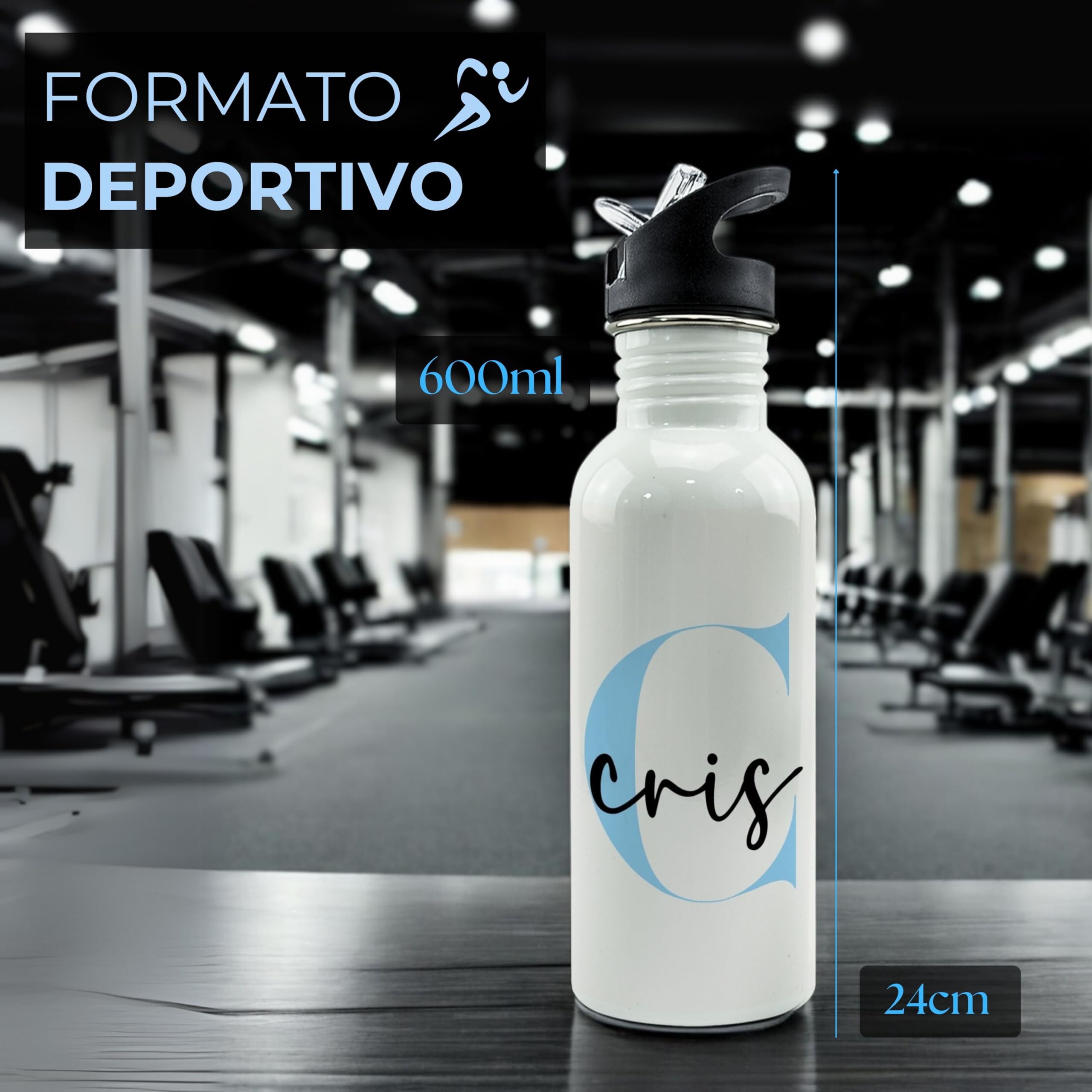 Botella Personalizada Nombre. Botellas de Agua Personalizadas. Botella agua acero inoxidable personalizada Gimnasio. Regalo Personalizado Mujer Hombre. Regalo Dia de la Madre. Straw Stop 600ml