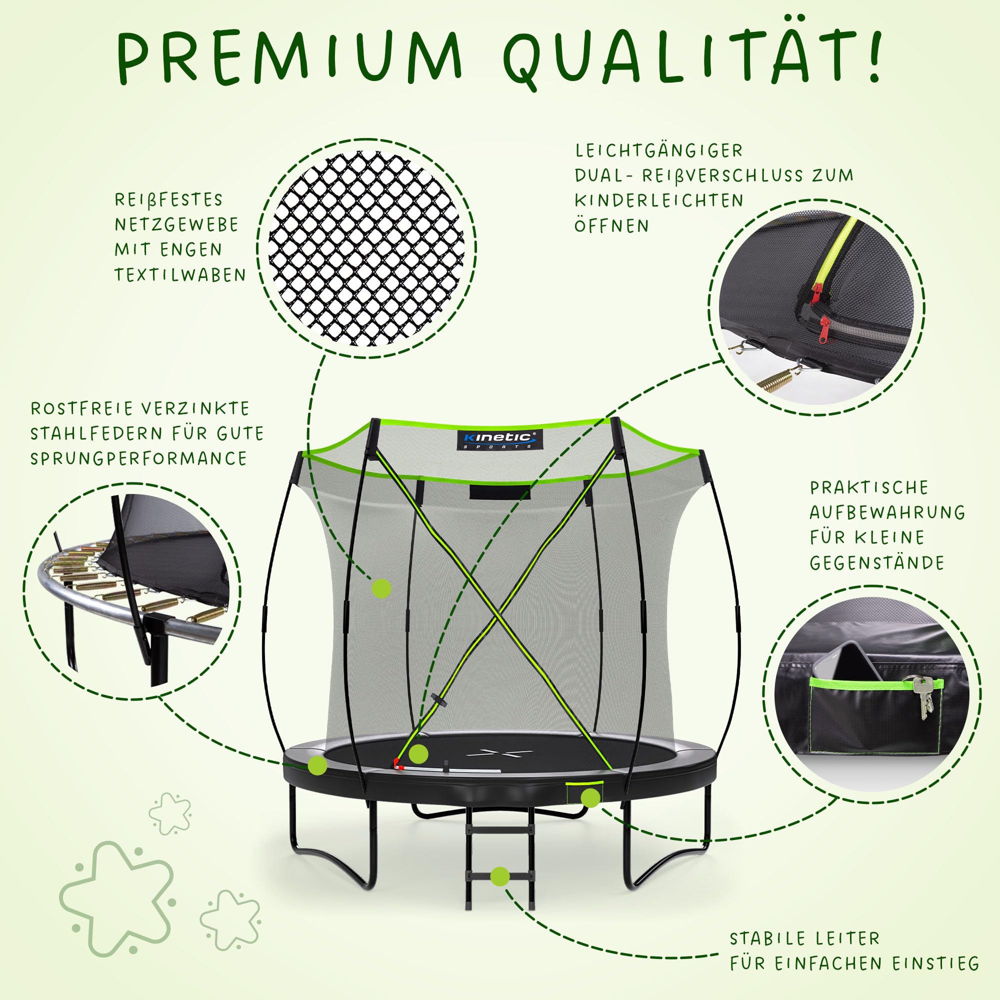 KINETIC SPORTS Trampolin Outdoor 'Ultimate Pro' Ø 244/305/366/427 cm – Kindertrampolin mit Leiter, Fieberglas-Netz, Gartentrampolin im Kürbis-Design, bis zu 160 kg, Schwarz