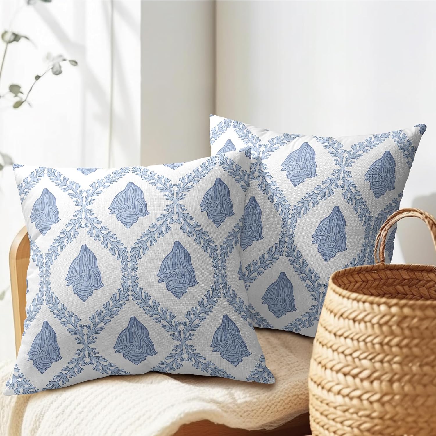 Coastal Pillow Covers 22x22 Inch Set of 2 Ocean Conch Pattern Decorative Blue and White Pillowcases Outdoor Beachy Throw Pillow Covers with Zipper for Sofa Bed Chair Living Room Home Decor