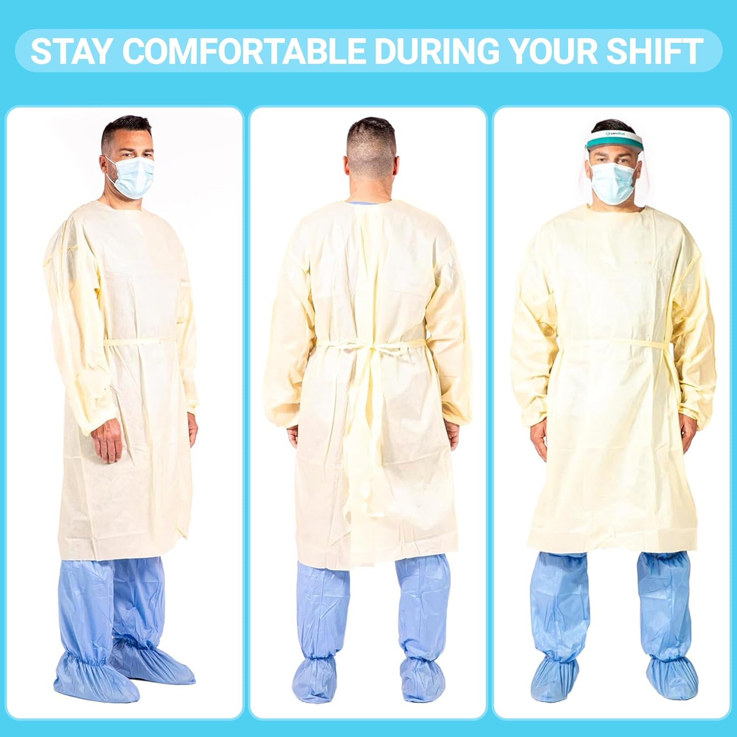 Disposable Isolation Gowns 100 Pack Yellow, Lightweight SMS Fabric, Elastic Cuffs, Hook and Loop Neck, Waist Ties, Breathable Fluid Resistant Protective Gowns for Medical, Dental, Lab Use(X-Large)