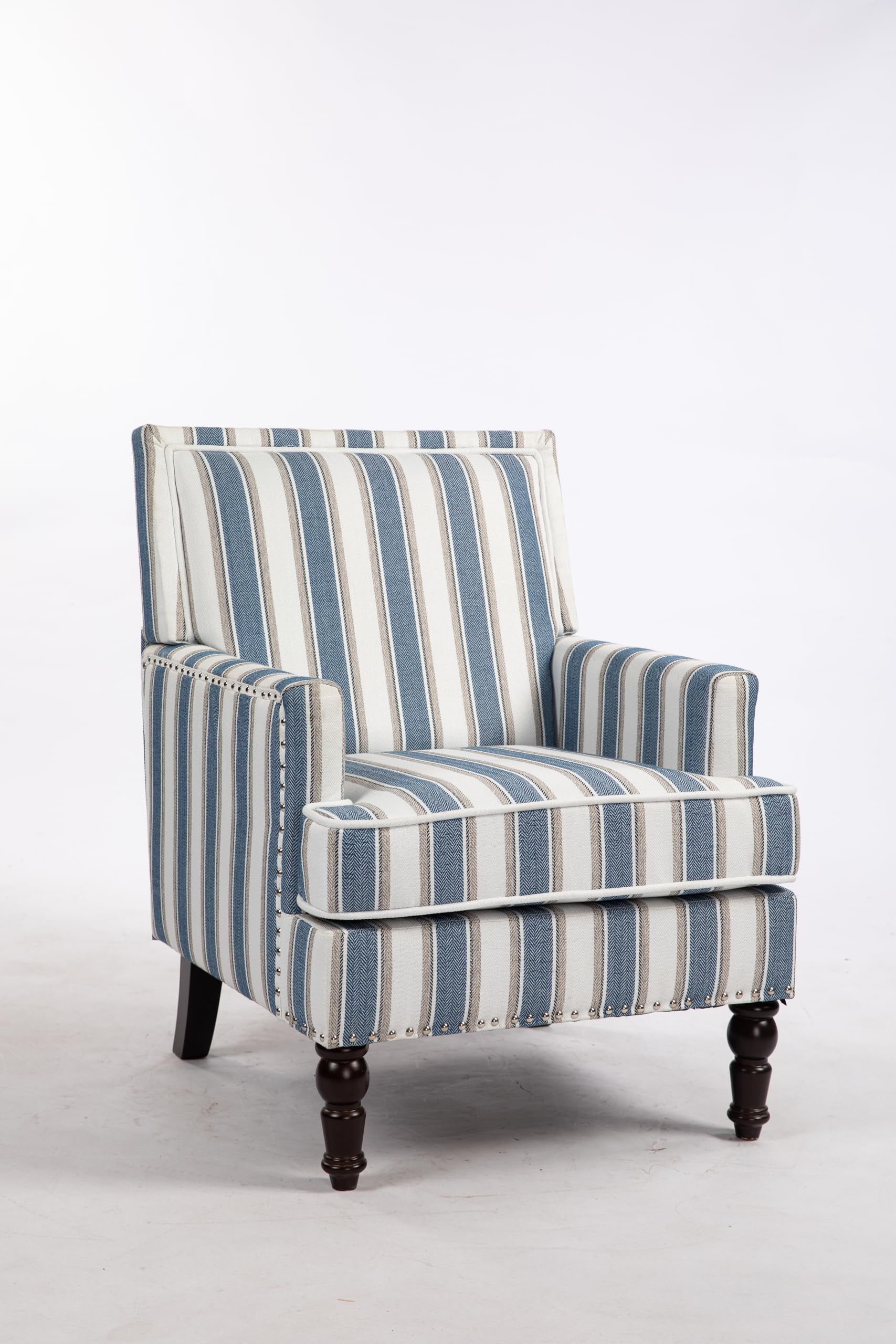 espidoo Vintage Upholstered Accent Chair: Blue & White Striped Linen Fabric with Nailhead Trim - Solid Wood Frame Armchair for Living Room & Reading Nook