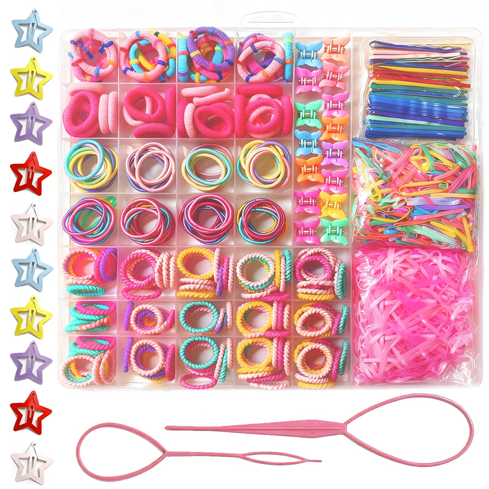 Elastic Hair Bands for Girls Hair Accessories Set including topsy tail hair tool Butterfly Hair Clips hair ties hair elastics Bobby Pins and Storage Box