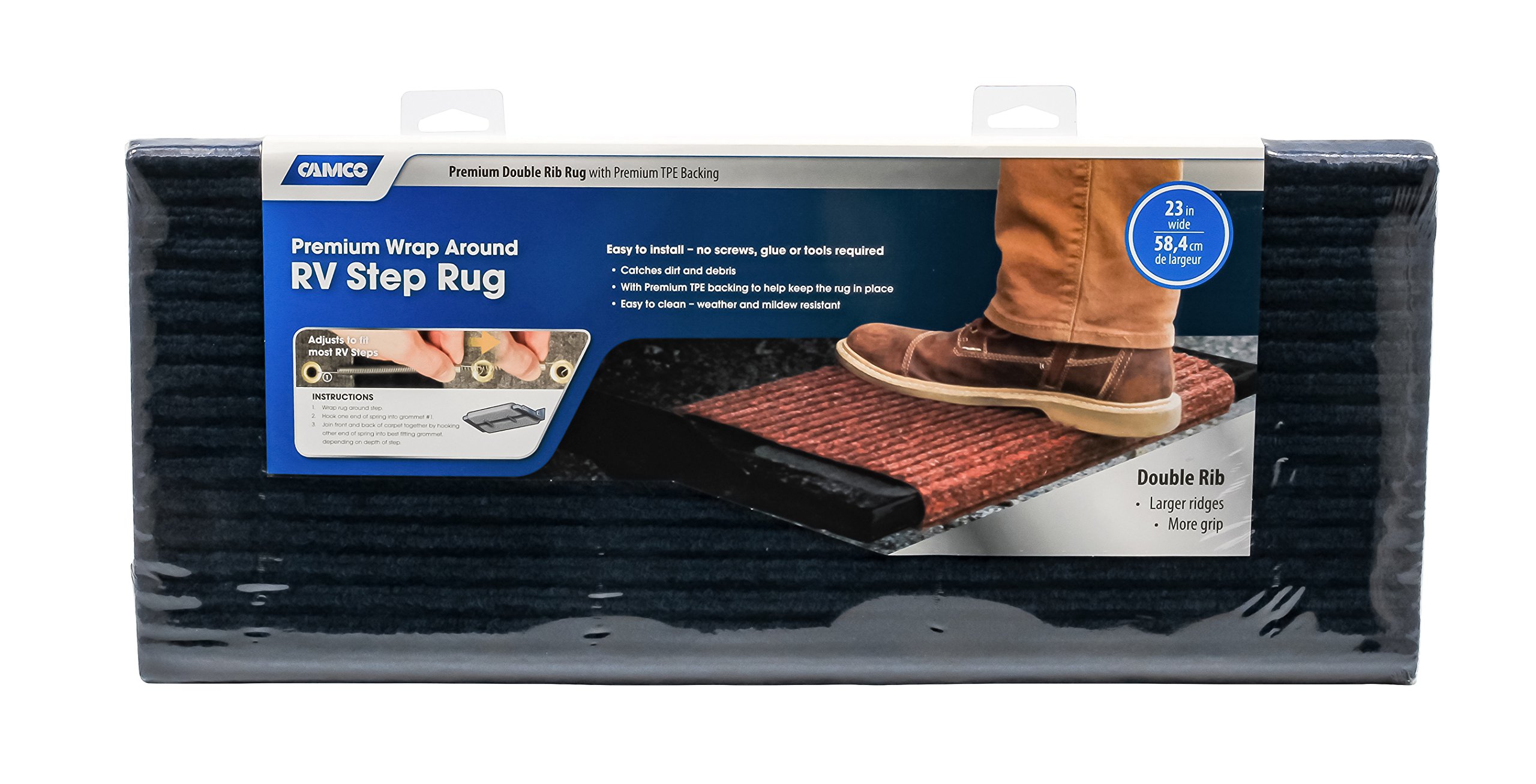 Photo 1 of Camco RV Wrap Around Double Ribbed Step Rug | Easy Install | Easy to Clean | Blue (42954)