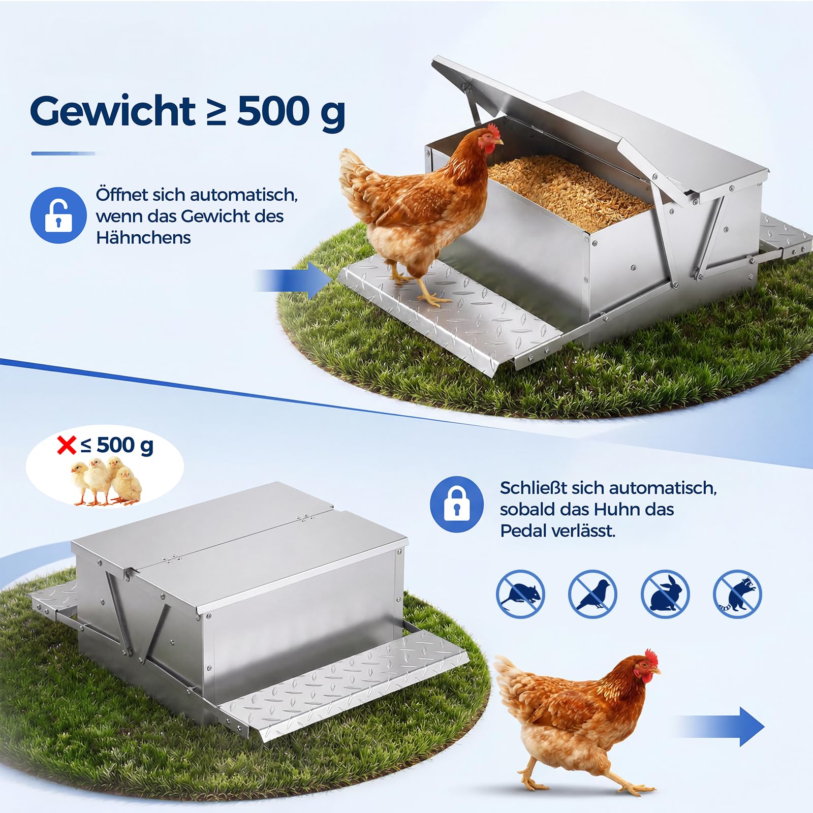 Automatischer Hühner Futterautomat, 15 kg Doppelseitiger Tritt-Hühnerfutter, Mit Rattensicher Wasserdicht Deckel, Edelstahl Futtertrog für Geflügel Hühner, Enten, Gänse, für Außenbereich/Stall/Hof