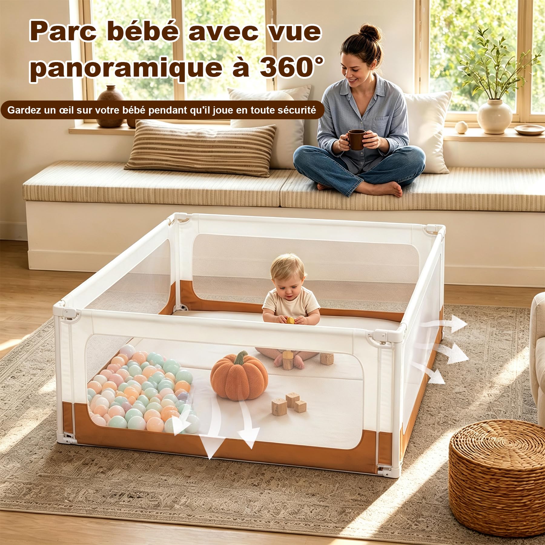 Parc Bebe 127x127 cm, Parc pour Bébés et Tout-Petits, Parc Bébé Intérieur avec Coins Renforcés, Double Verrouillage de Sécurité, Filet Respirant, Idéal pour Ramper et Apprendre à Marcher