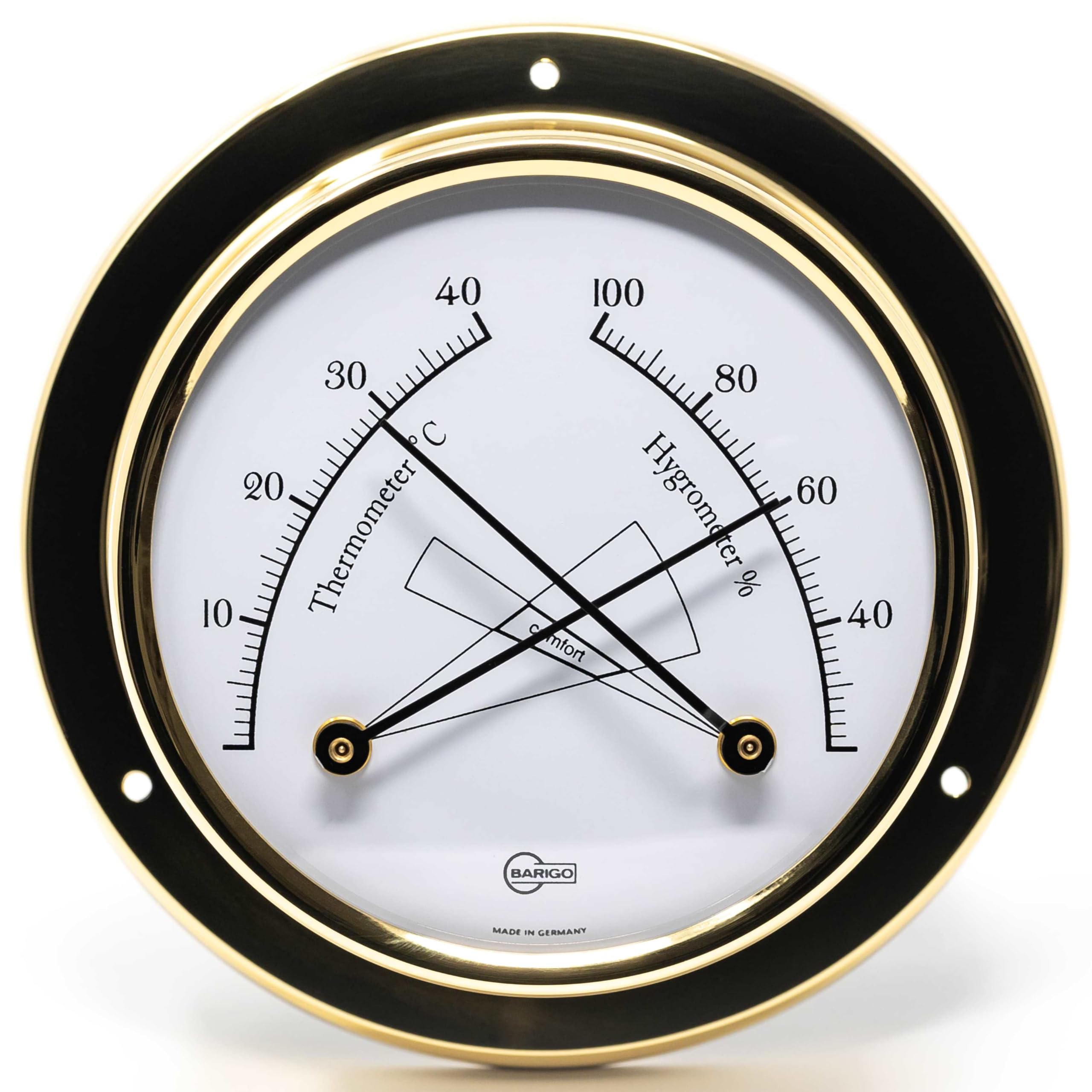 BARIGO 984MS Regata termohigrometr - 125 x 40 mm - z obudową z mosiądzu polerowanego - Made in Germany