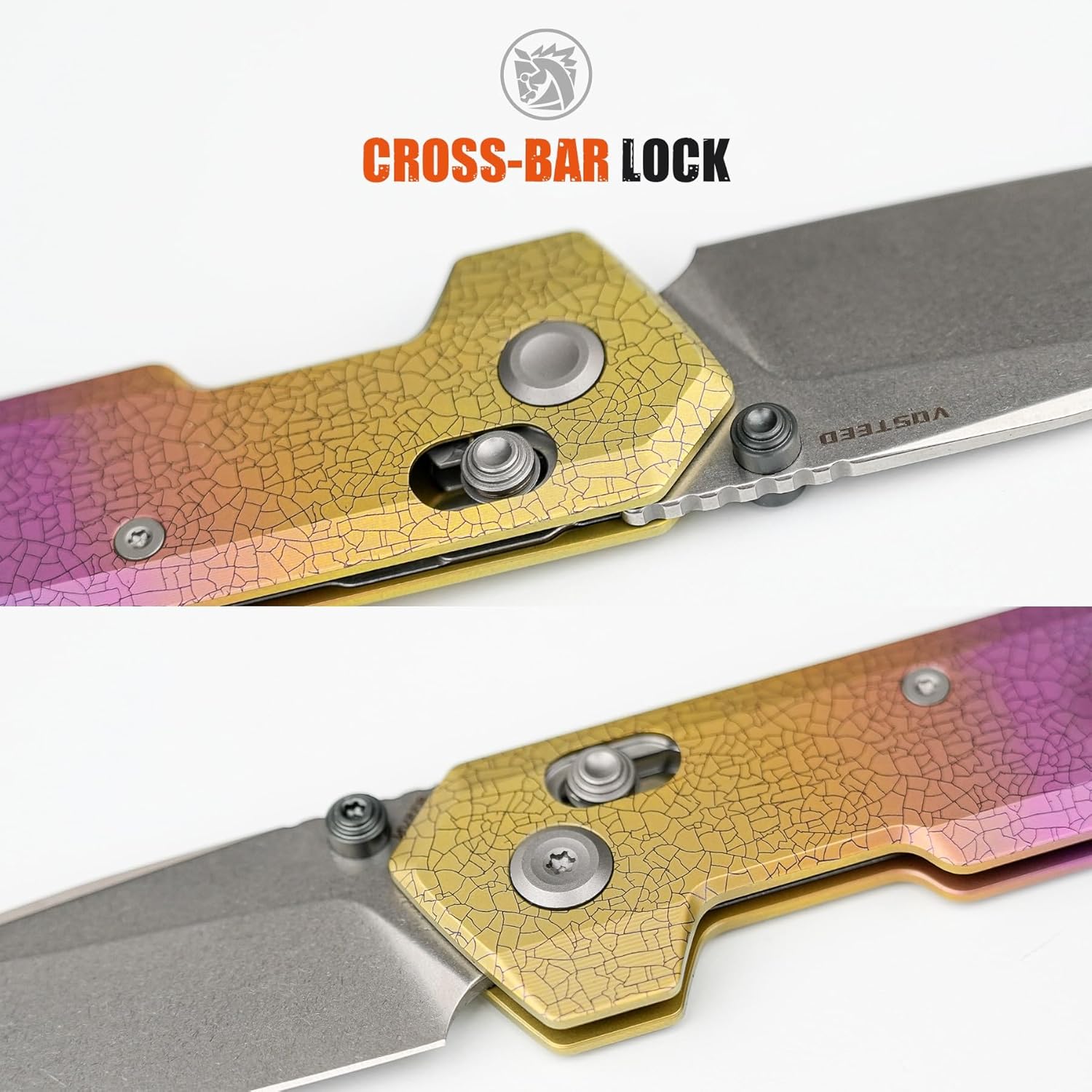 Vosteed Parallel EDC Pocket Knife - 2.90" S35VN Stonewash Blade, Reverse Tanto - Crossbar Lock, Iridescent Crackle Titanium Handle - Camping, Hiking Knives - A3508