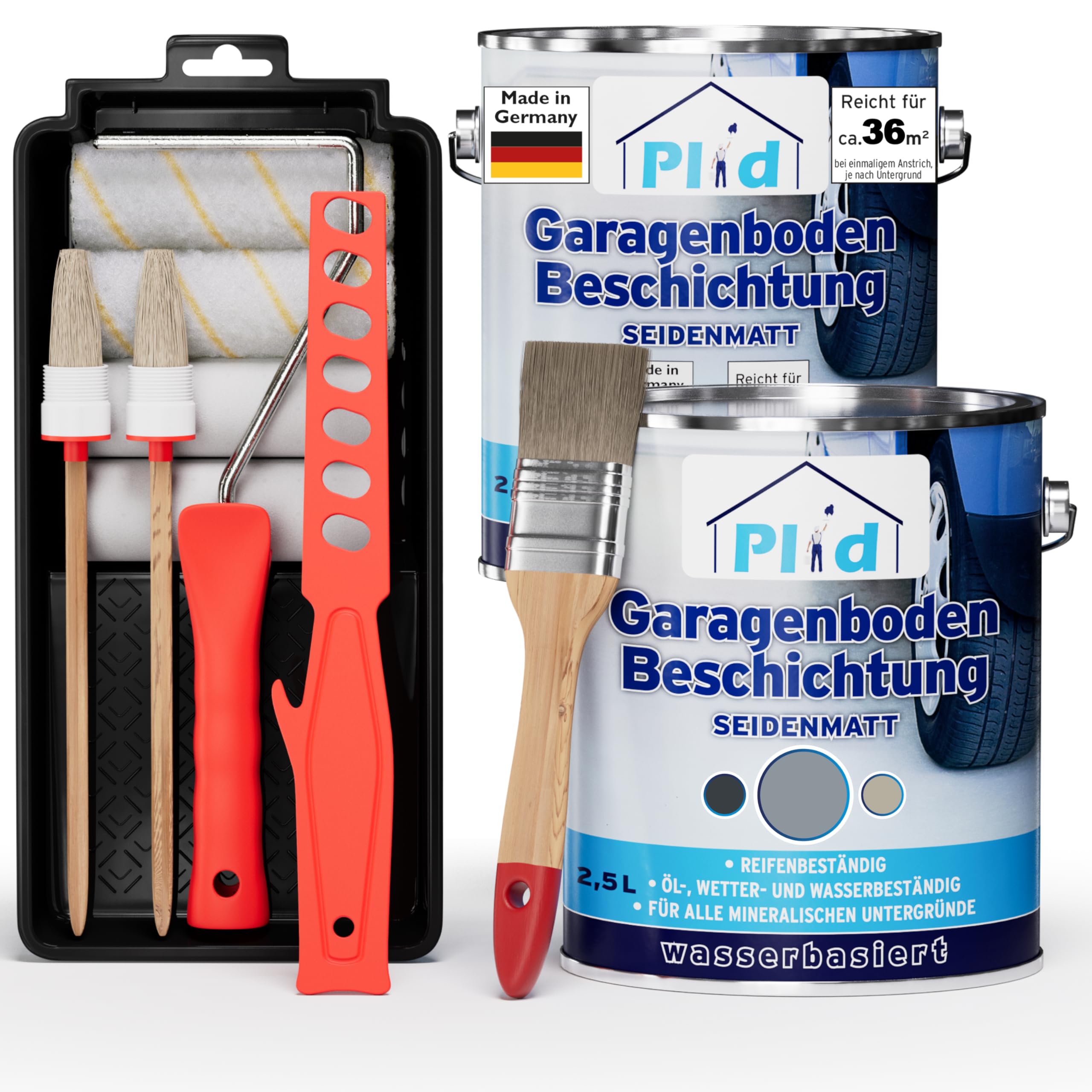Plid Garagenbodenbeschichtung Silbergrau 5 L + Lackierset | ca. 36 m² | Betonfarbe, Garagenbodenfarbe | Lackierset | Innen & Außen | Wasser- & Ölbeständig | Abriebfest | Made in Germany