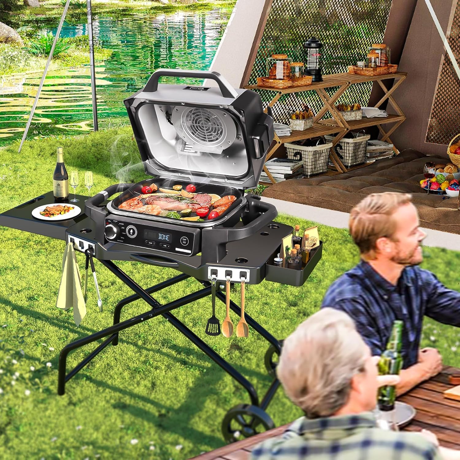 Carro de barbacoa portátil para Ninja Woodfire OG700, OG701, 10697/10724, 57 cm, Blackstone, Traeger Ranger, con soporte plegable, bandeja y cesta