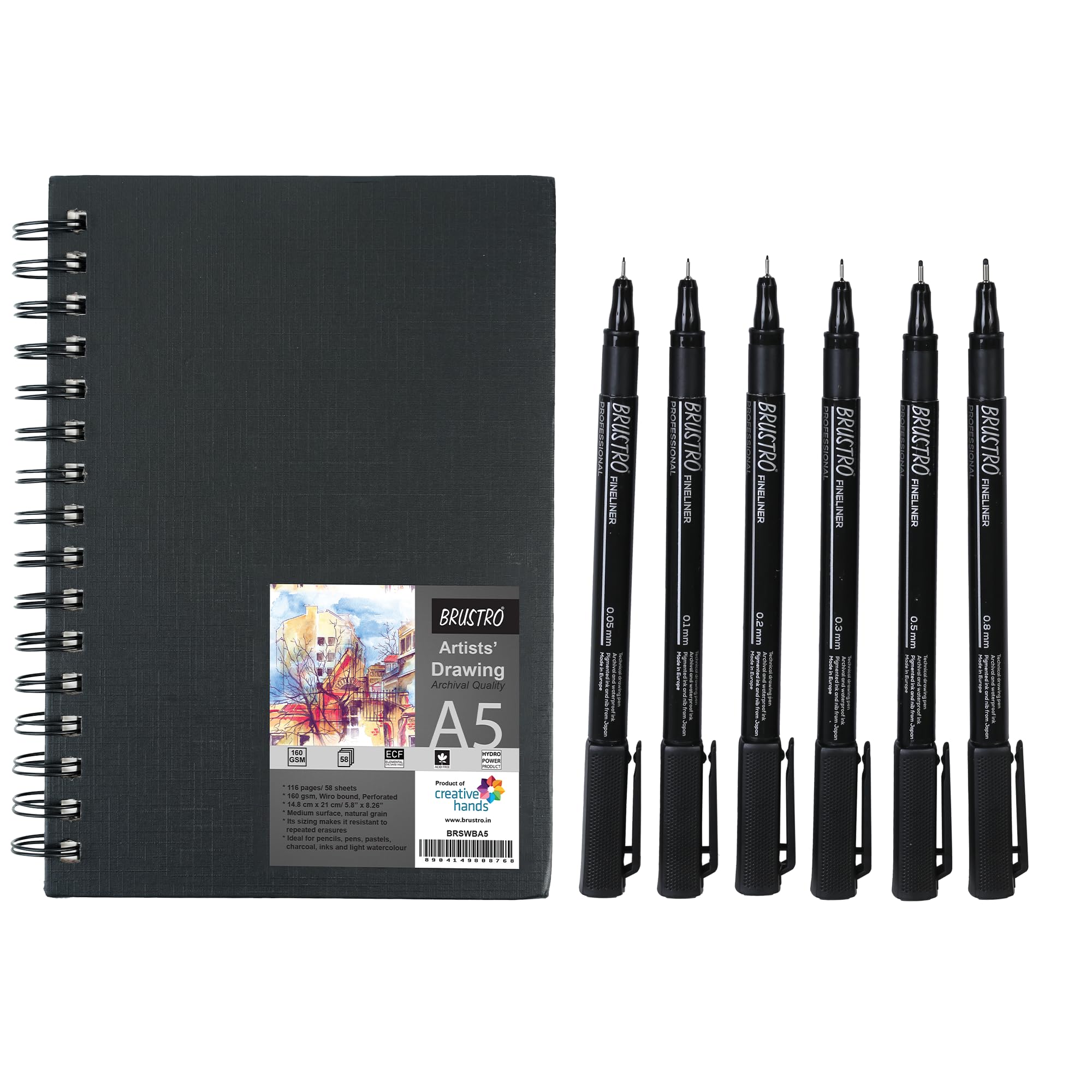 BRUSTRO Professional Pigment Based Fineliner - Pack of 6 (Black) with Artist Sketch Book 160 GSM A5 Wiro Bound (116 Pages)