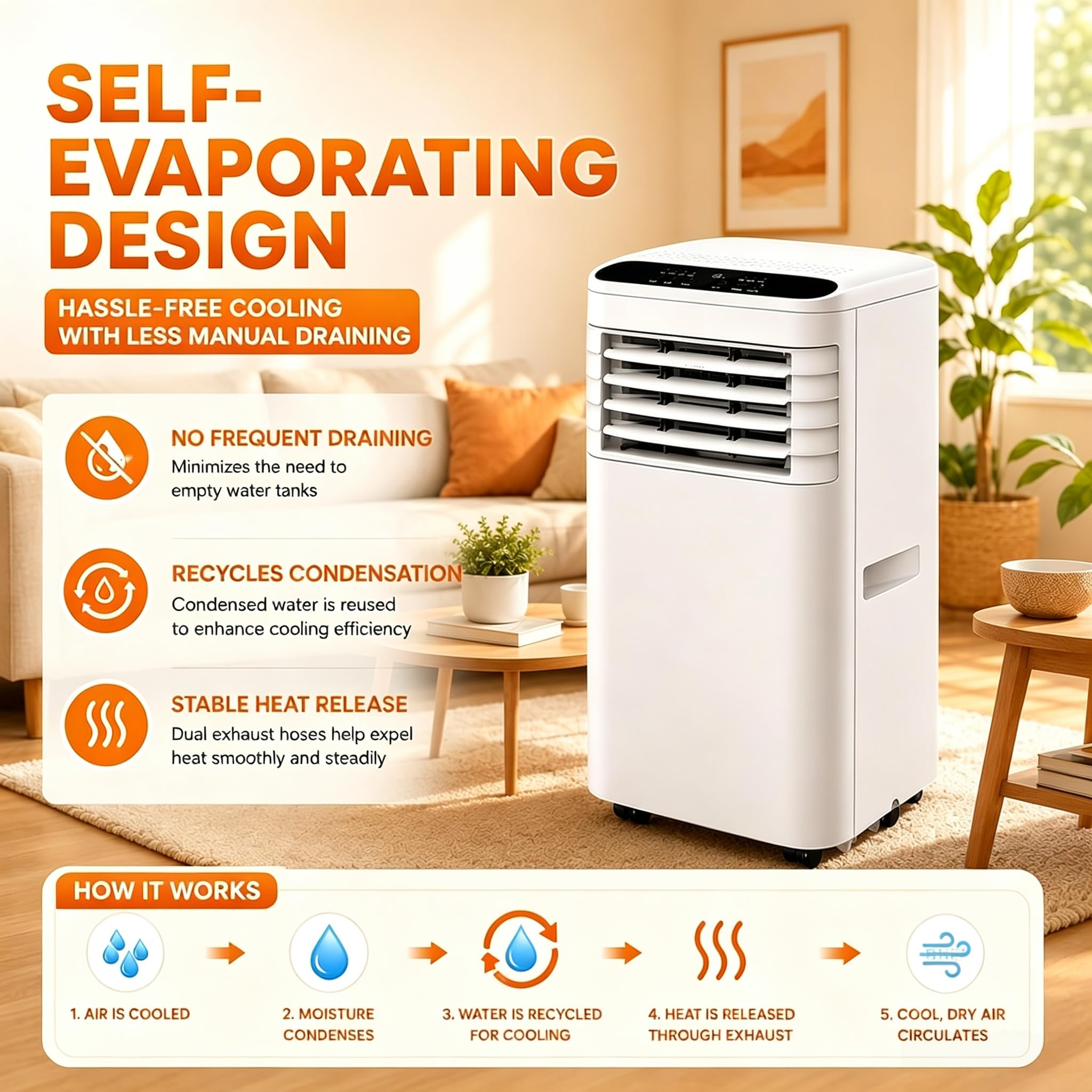 Przenośny klimatyzator 7000 BTU 4w1 z pilotem do sypialni, 24h timer, kółka, komplet do okna bez narzędzi