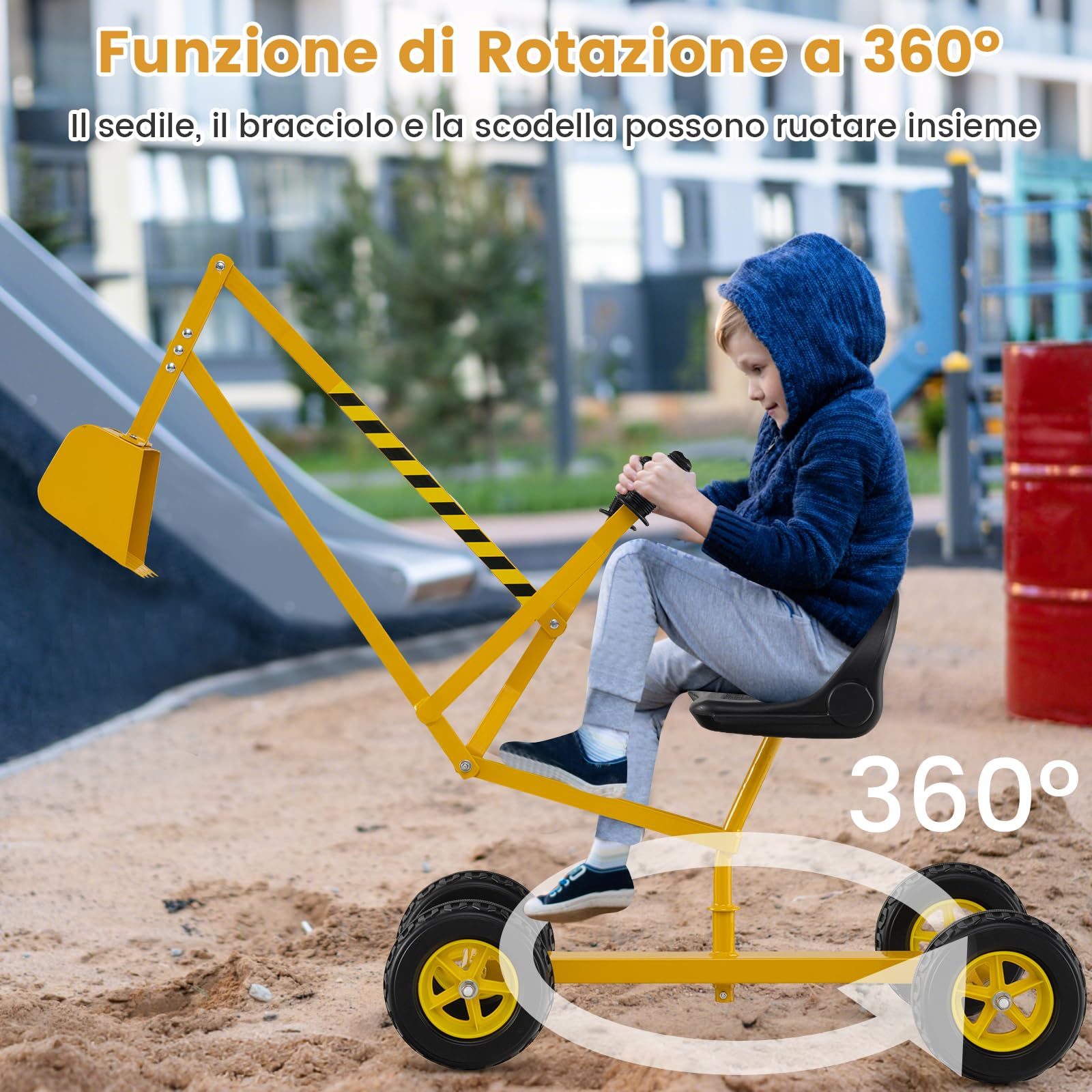 COSTWAY Escavatore per Bambini, Scavatore per Sabbiera con Comandi a 2 Mani e Pala Flessibile, Sedile Rotante a 360°, 4 Ruote, Ideale per Bambini 3 Anni+ (con Ruote Giallo)