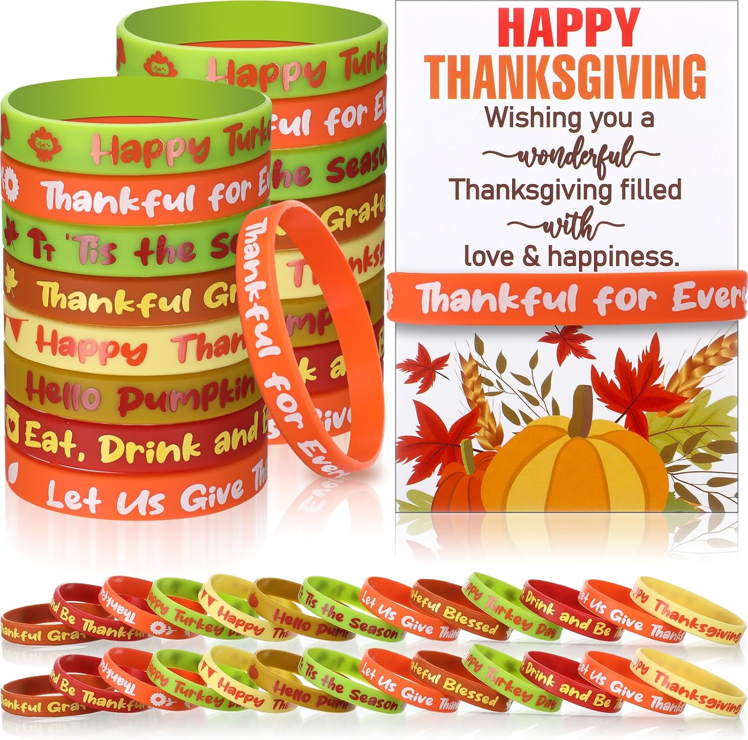 Cunno 48 Sets Thanksgiving Party Favors Silicone Bracelets Bulk with Gift Greeting Cards Fall Leaves Pumpkin Rubber Wristbands for Turkey Day Autumn Harvest Office Party Decorations 48 Cute