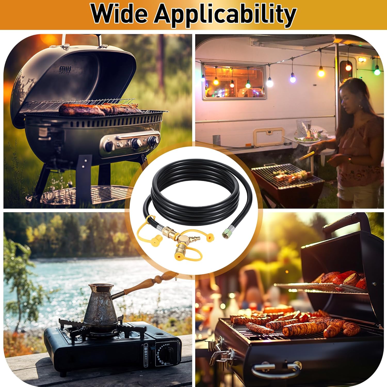 2 Pack 12FT RV Propane Quick Connect Hose Kit with 1/4'' Y Splitter Adapter, Compatible with Gas Grill, Heater, Stove, Dual Appliance Use for Camping, Trailer, Outdoor Cooking