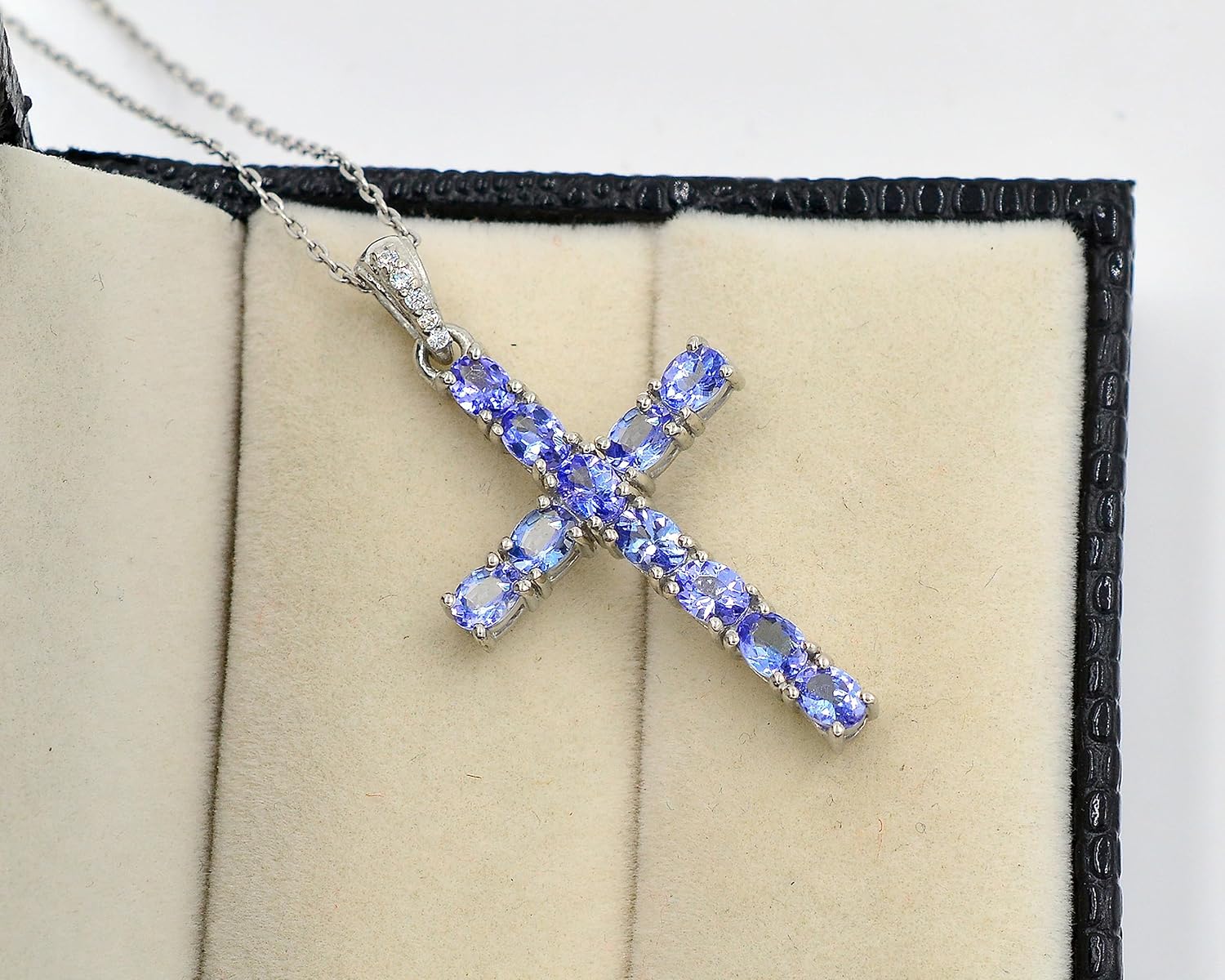 Natural 4X3 MM Oval Cut Tanzanite Gemstone Holy Cross Pendant Necklace 925 Sterling Silver December Birthstone Tanzanite Jewelry Unisex Proposal Necklace Gift For Girlfriend (PD-8541)