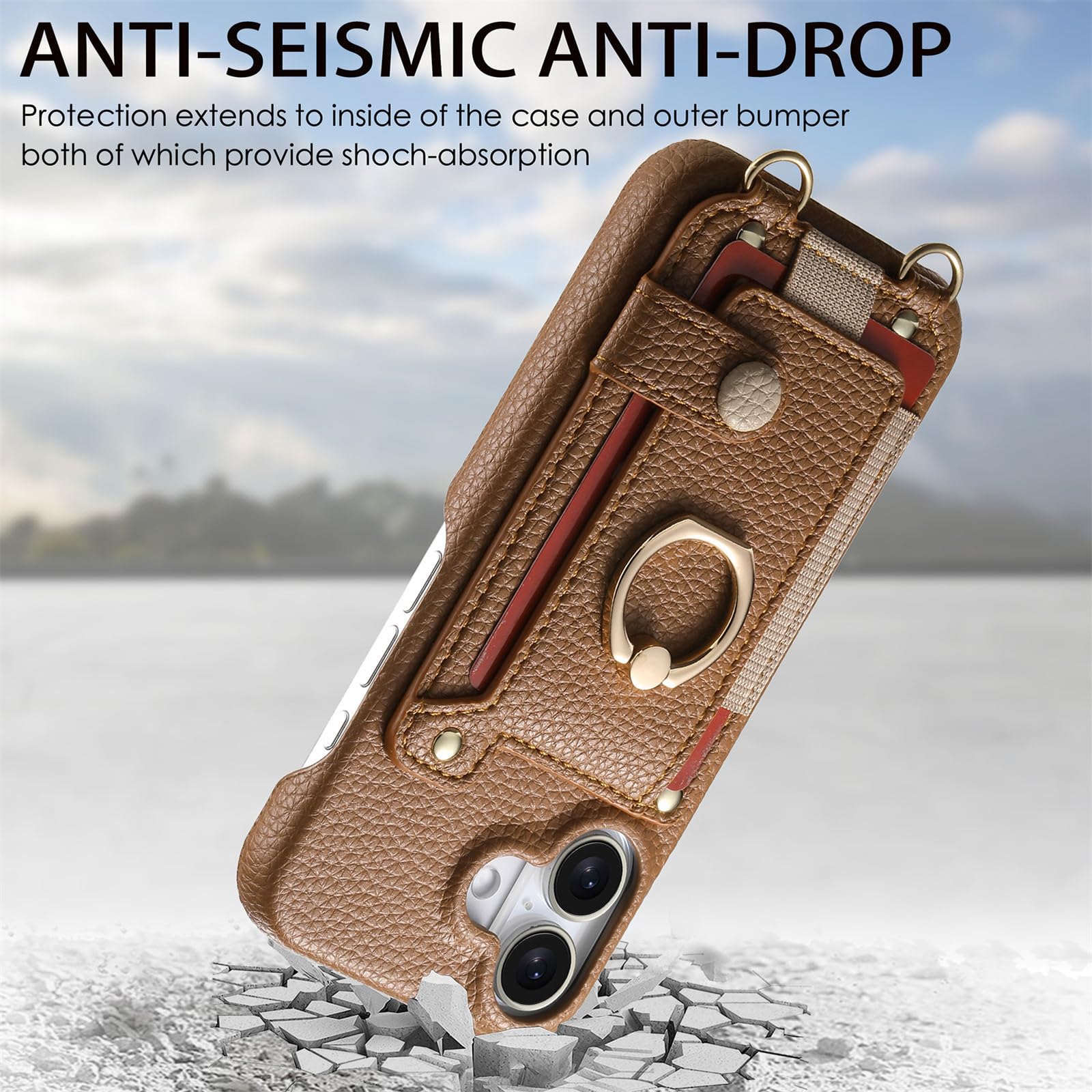 Leder Hülle Für iPhone 16 Pro Max/16 Pro/16 Plus/16, Brieftasche Handyhülle Mit Kartenfach Ring Halter Umhängeband Schutzhülle,Braun,16 Pro Max