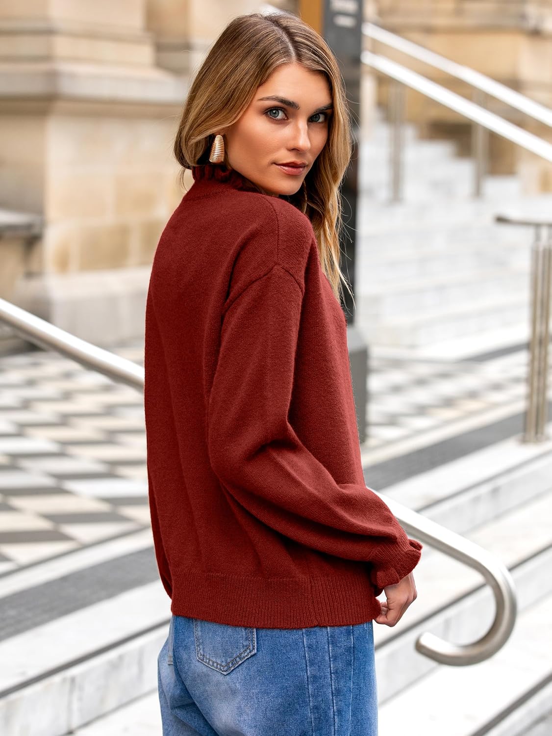 Simplee Short Knit Fall Cardigan Sweaters Cute Ruffle Mock Neck Long Sleeve Button Down Open Front Cardigans Trendy Outfits - Image 4