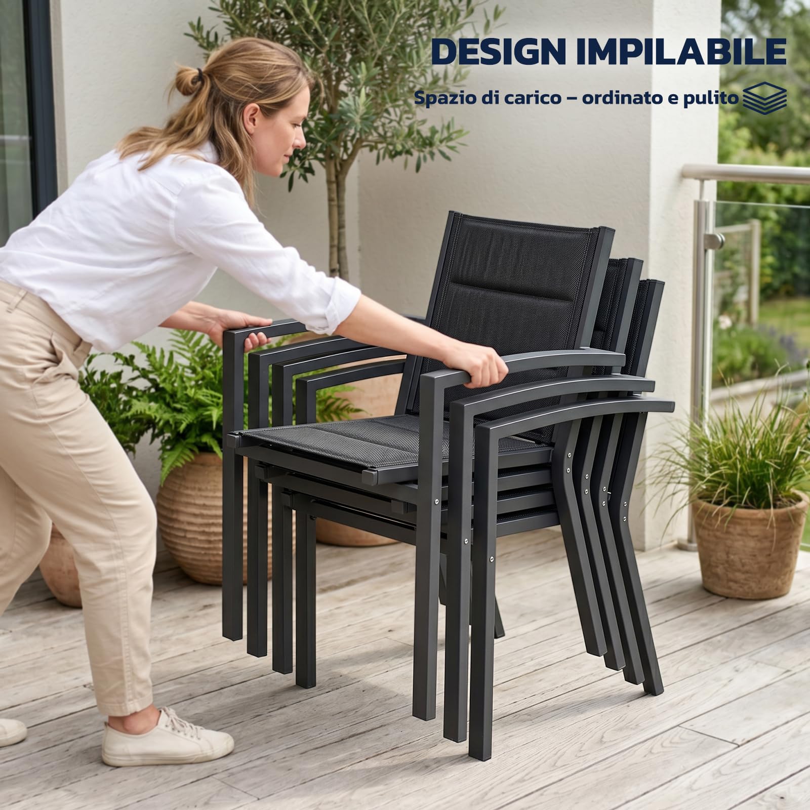 JUMMICO Sedia da Esterno - Struttura in Alluminio Robusta, Cuscino in Texlin Imbottito e Comodo, Impilabile e Riponibile sotto il Tavolo - Portata Max 160kg - Per Giardino, Cortile, Balcone