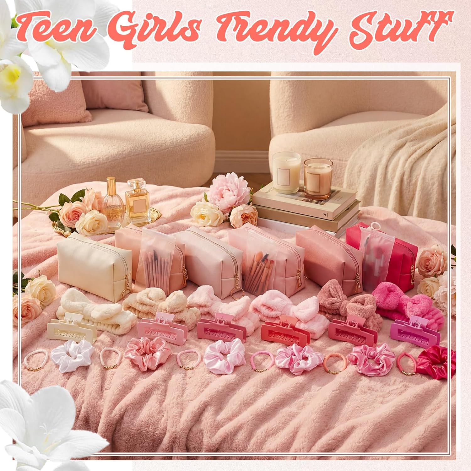 Zeyune 36 Pcs Gifts Sets Bulk for Tween Teen Women Preppy Party Favors Set Preppy Makeup Bag Hair Pin Scrunchies Headbands Bracelets Trendy Stuff Gift for Women Friend Birthday Present(Sweet Color)