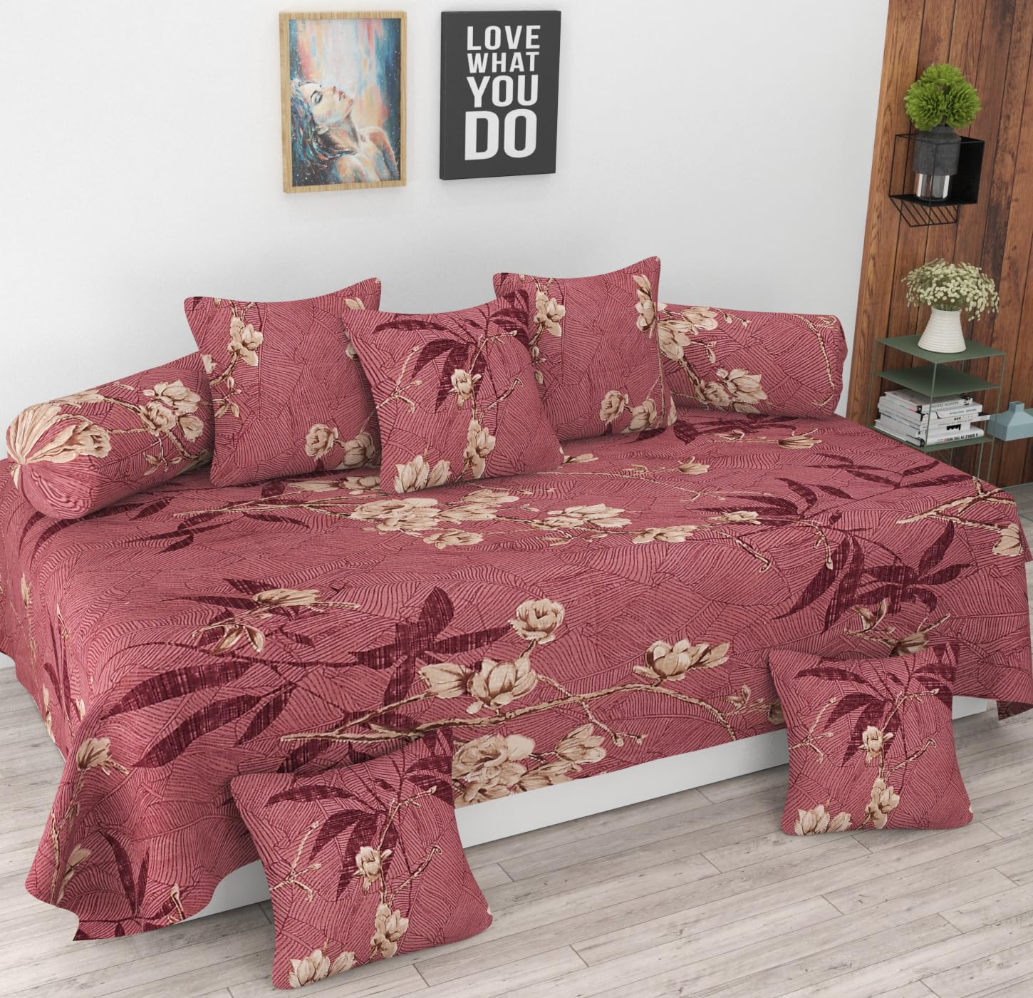 Vaini Heavy Cotton 8 Pieces Diwan Set |1 Single Bedsheet, 2 Bolster Covers, 5 Cushion Covers | - Maroon Flower-image-48
