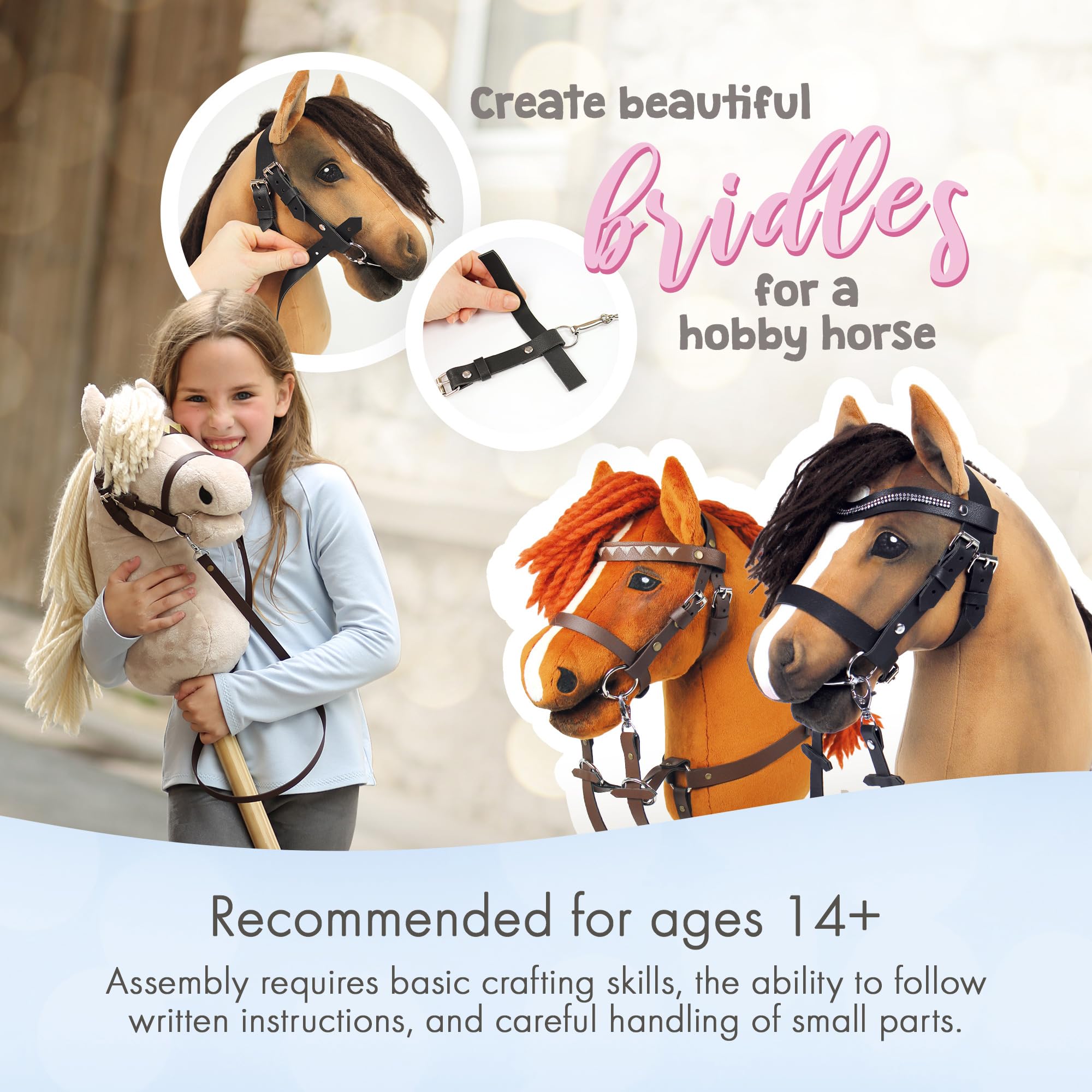 kullaloo Kit de bride de cheval DIY ✦ Faites une belle bride en cuir avec des rênes pour votre cheval bâton ✦ Instructions incluses ✦ Noir/argent