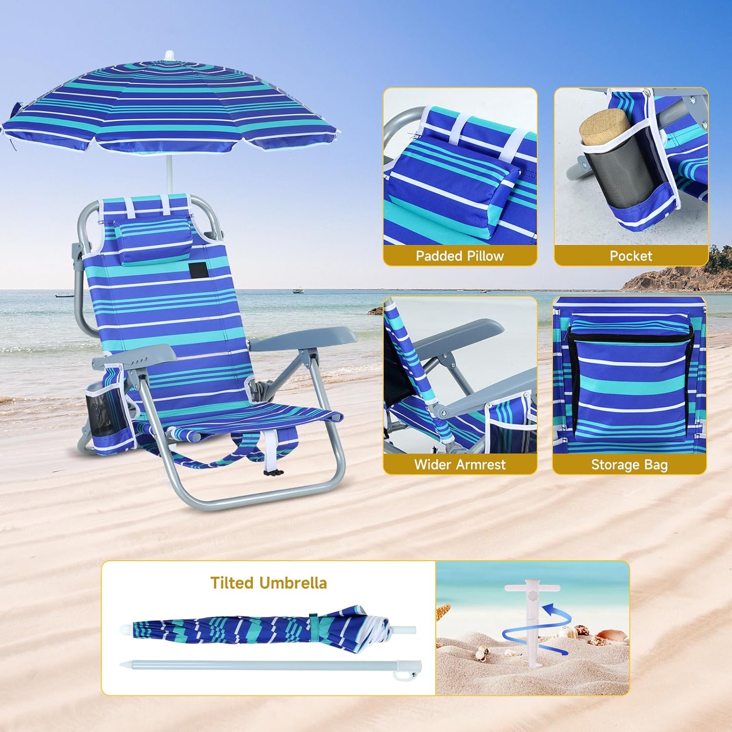 CDEN Beach Chair with Umbrella, Foldable Camping Chairs, Toddler Beach Chair, Backpack Beach Chairs, Lightweight, with Side Bag, Umbrella (1 Pack)