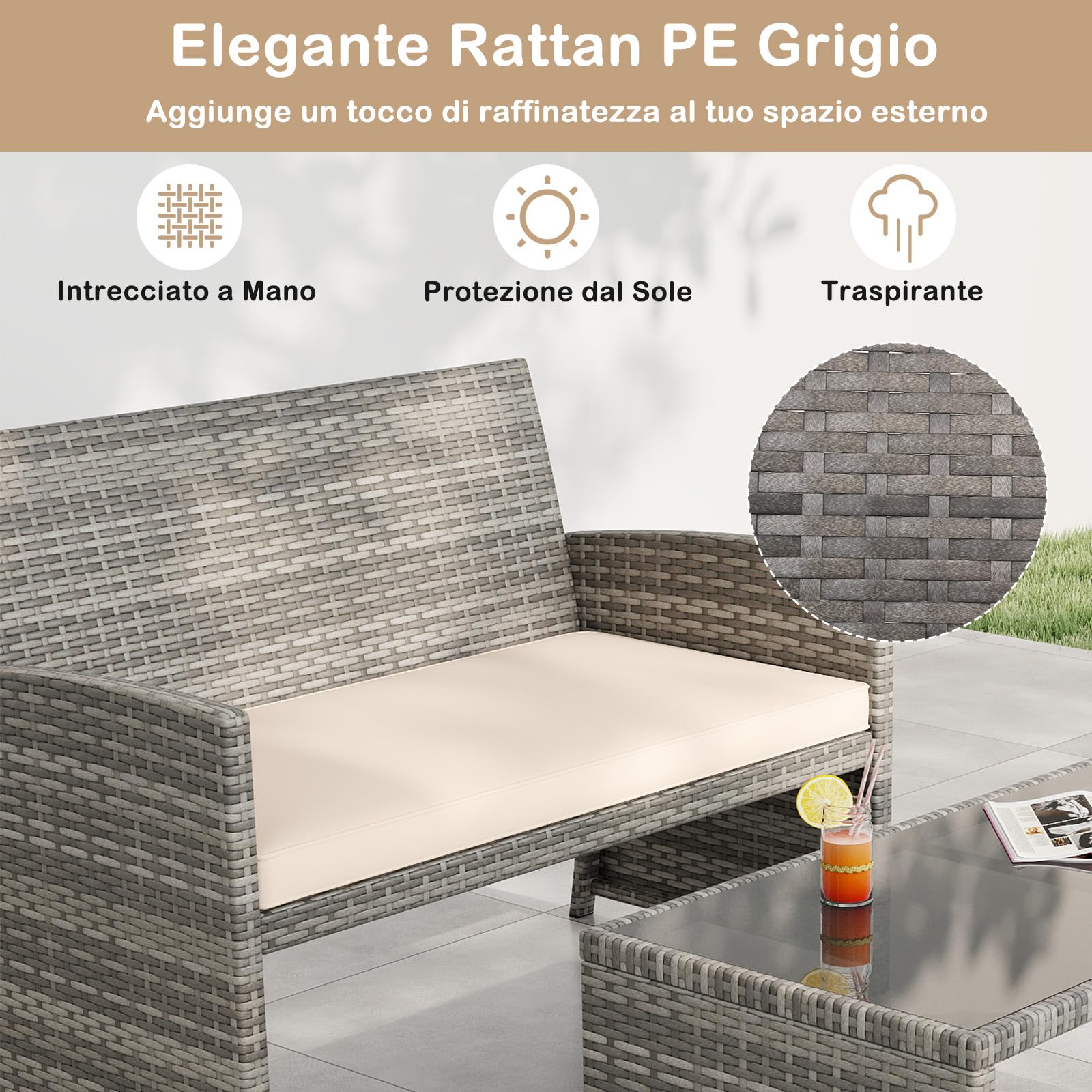 SOARS Set Mobili da Giardino in Rattan PE, Divano 2 Posti, 2 Poltrone, Tavolino Vetro, 4 Posti, Grigio+Bianco