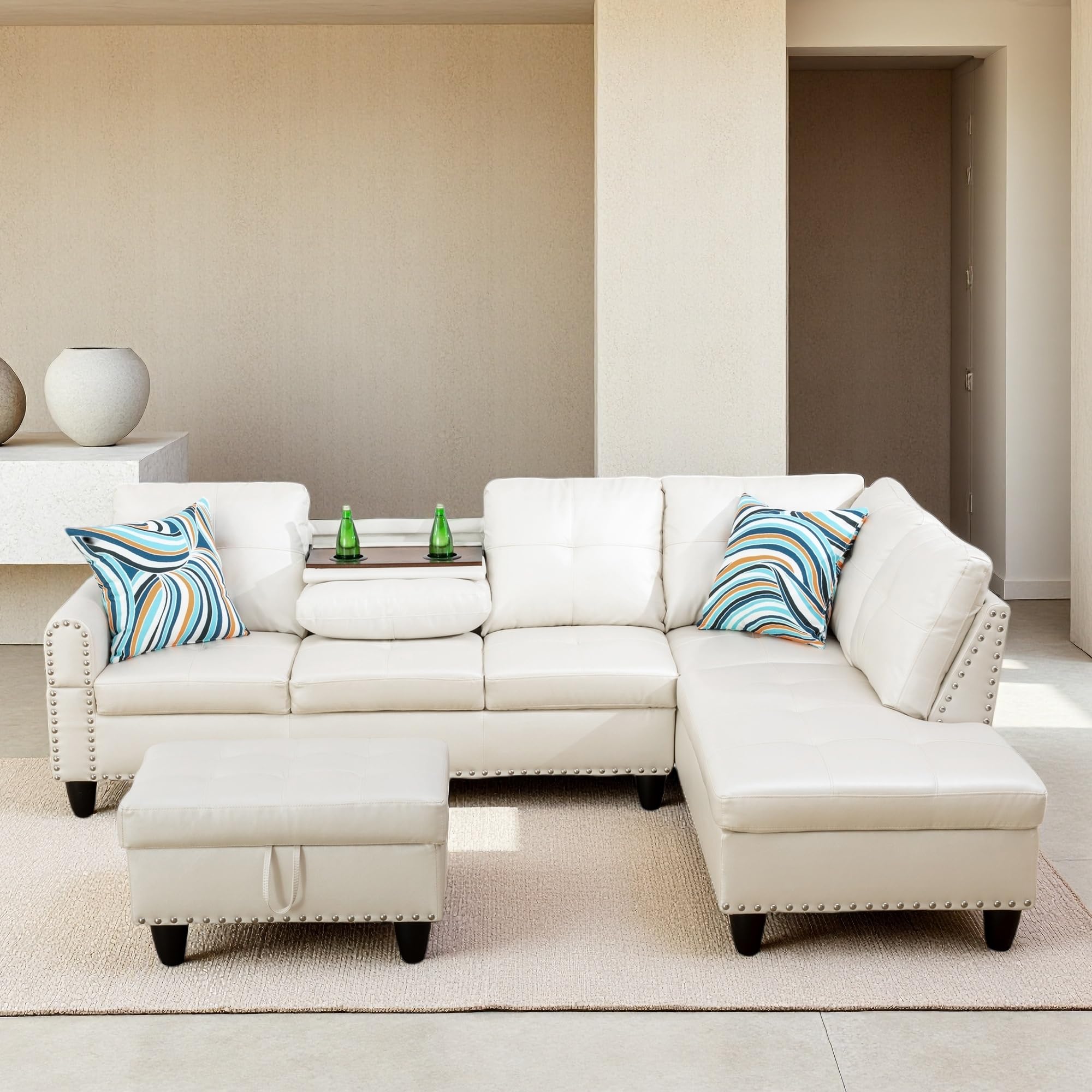 GlasFlength Convertible 4-Seat Sectional (Leather White)