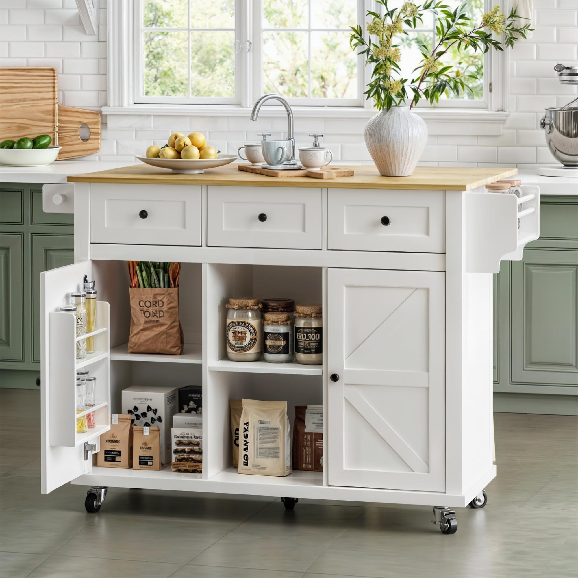 Rolling Kitchen Island Cart with Drop Leaf, Large Kitchen Island on Wheels with Storage and 3 Drawers, Mobile Island for Kitchen with Rubber Wood