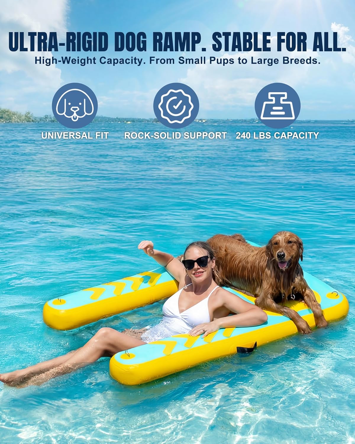 Inflatable Dog Water Ramp, 60"x 40" Extra Large Boat Ramp Floating Dock for Pool Dock Lake Boat, Non-Slip EVA Floating Platform Swimming Float Ladder Steps Pup Plank Pool Ramps for Dogs Up to 240 lbs