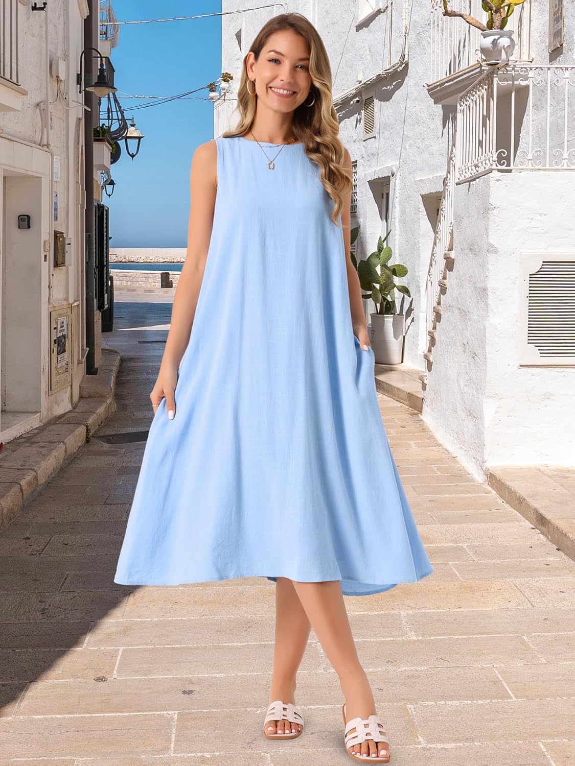 Seta T Women's Linen Dresses Crewneck Loose Fit Shift Sleeveless Sundresses Casual Tank Dress with Pockets - Image 3