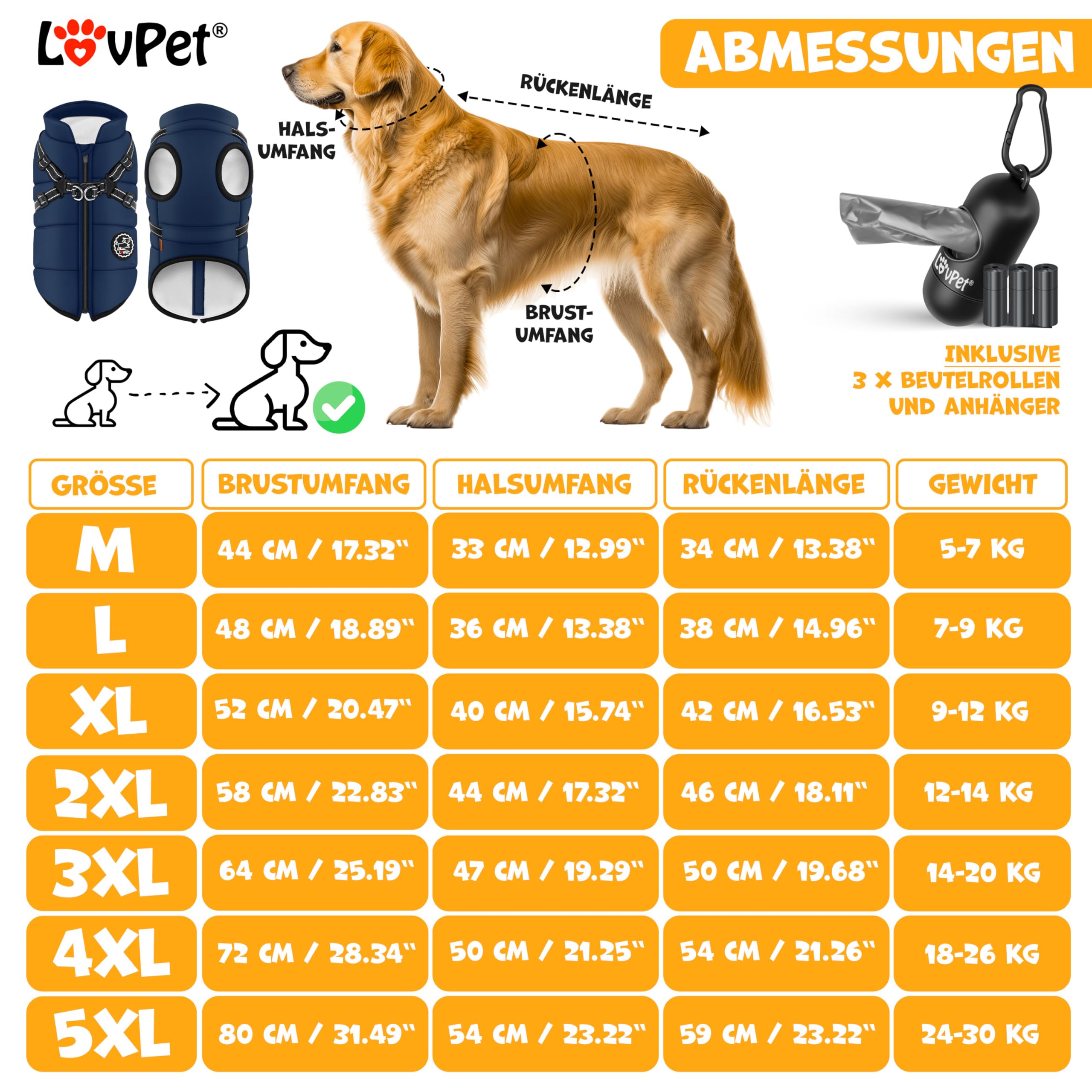 Lovpet® Giacca per Cani con Pettorina, con 45 Sacchetti per Escrementi + Dispenser per Cani, Gilet Invernale Imbottito, Impermeabile, con Cintura Toracica, riflettori, Anello a D 4XL, Blu Navy