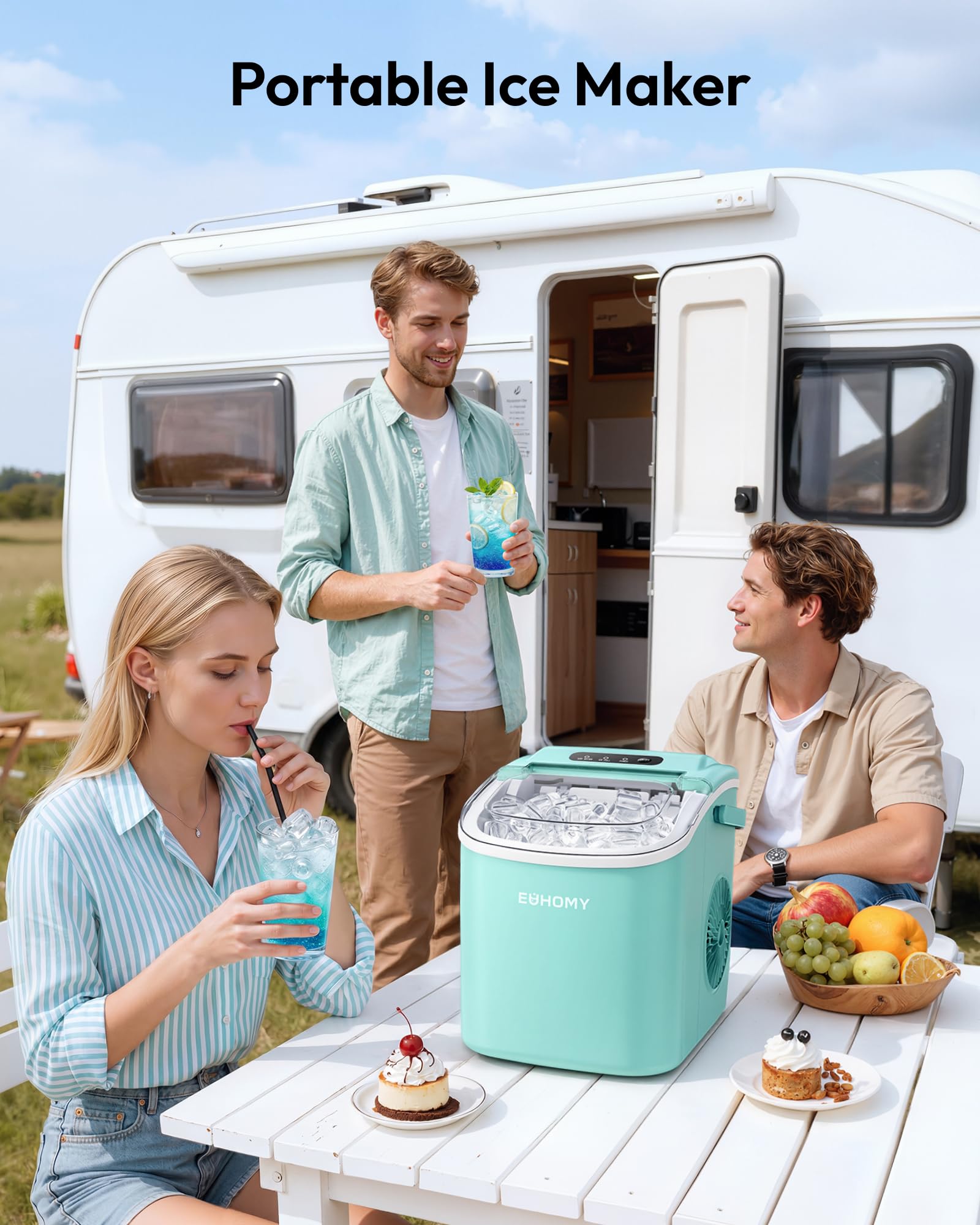 EUHOMY Countertop Ice Maker Machine with Handle, 26lbs Per Day, 9 Ice Cubes Ready in 6 Mins, Auto-Cleaning Portable Ice Maker with Basket and Scoop, for Home/Kitchen/Camping/RV (Green) view 9